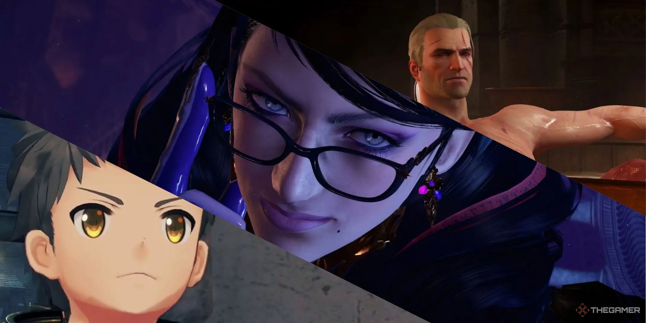 Hình ảnh tổng hợp các tựa game đình đám trên Nintendo Switch: Rex trong Xenoblade Chronicles 2, Bayonetta trong Bayonetta 3 và Geralt trong The Witcher 3.