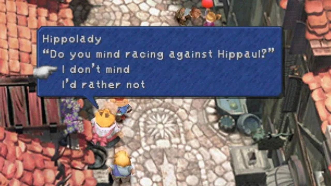 Hippolady yêu cầu Vivi tham gia cuộc đua với Hippaul tại Alexandria trong Final Fantasy 9, một minigame gây ức chế.