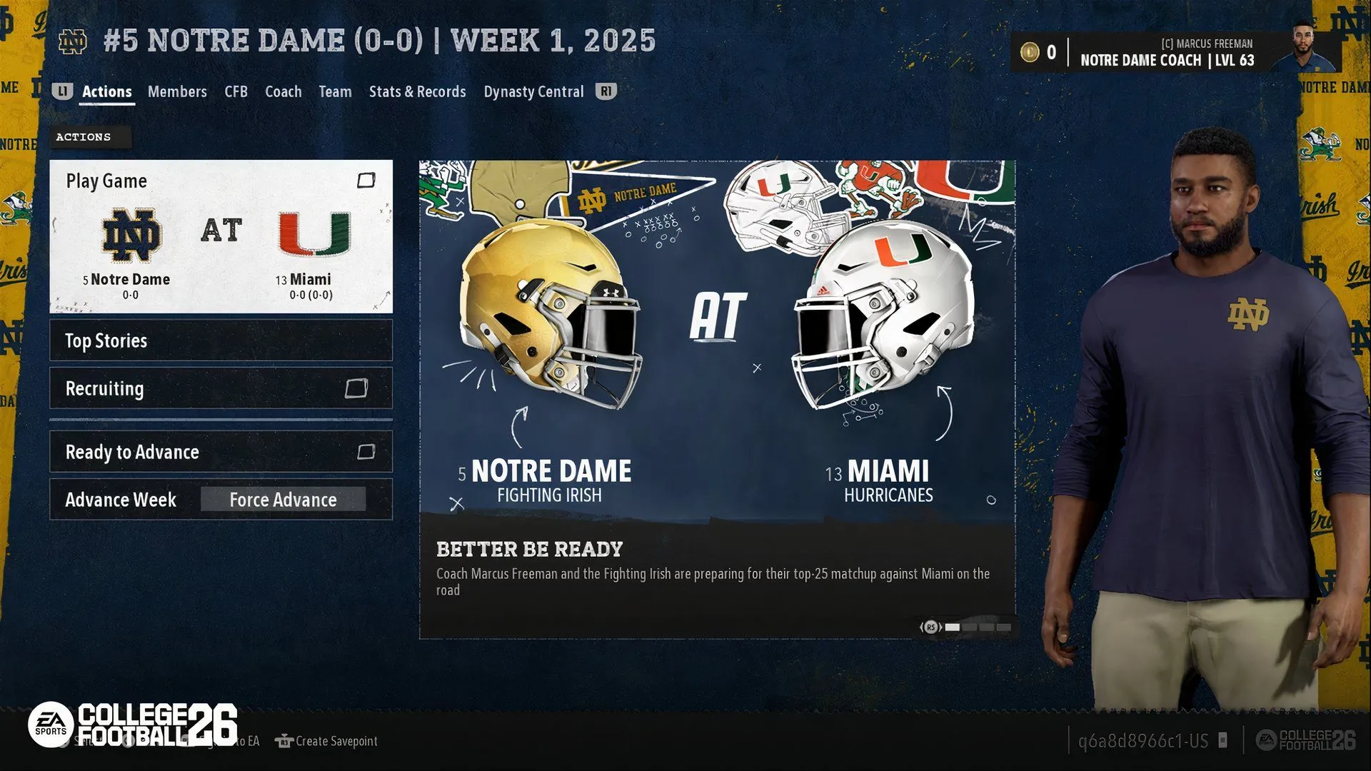 Huấn luyện viên Marcus Freeman của Notre Dame trong College Football 26, tượng trưng cho tính năng 300+ HLV thật và hệ thống tuyển dụng được cải tiến trong Dynasty Mode.