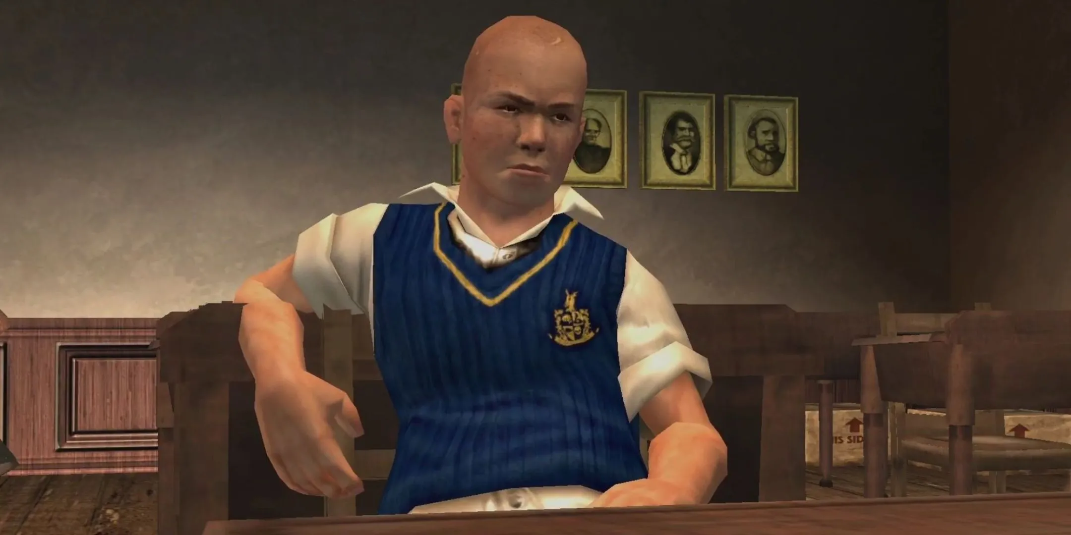 Jimmy Hopkins, nhân vật chính của Bully, ngồi trong lớp học tại Học viện Bullworth, thể hiện bối cảnh học đường độc đáo của tựa game