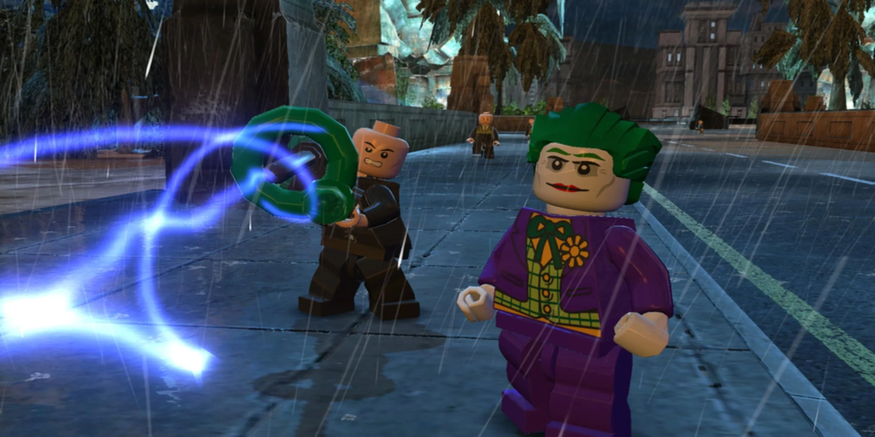 Joker và tên côn đồ của hắn đứng trên đường bắn súng laser trong Lego Batman 2 DC Super Heroes