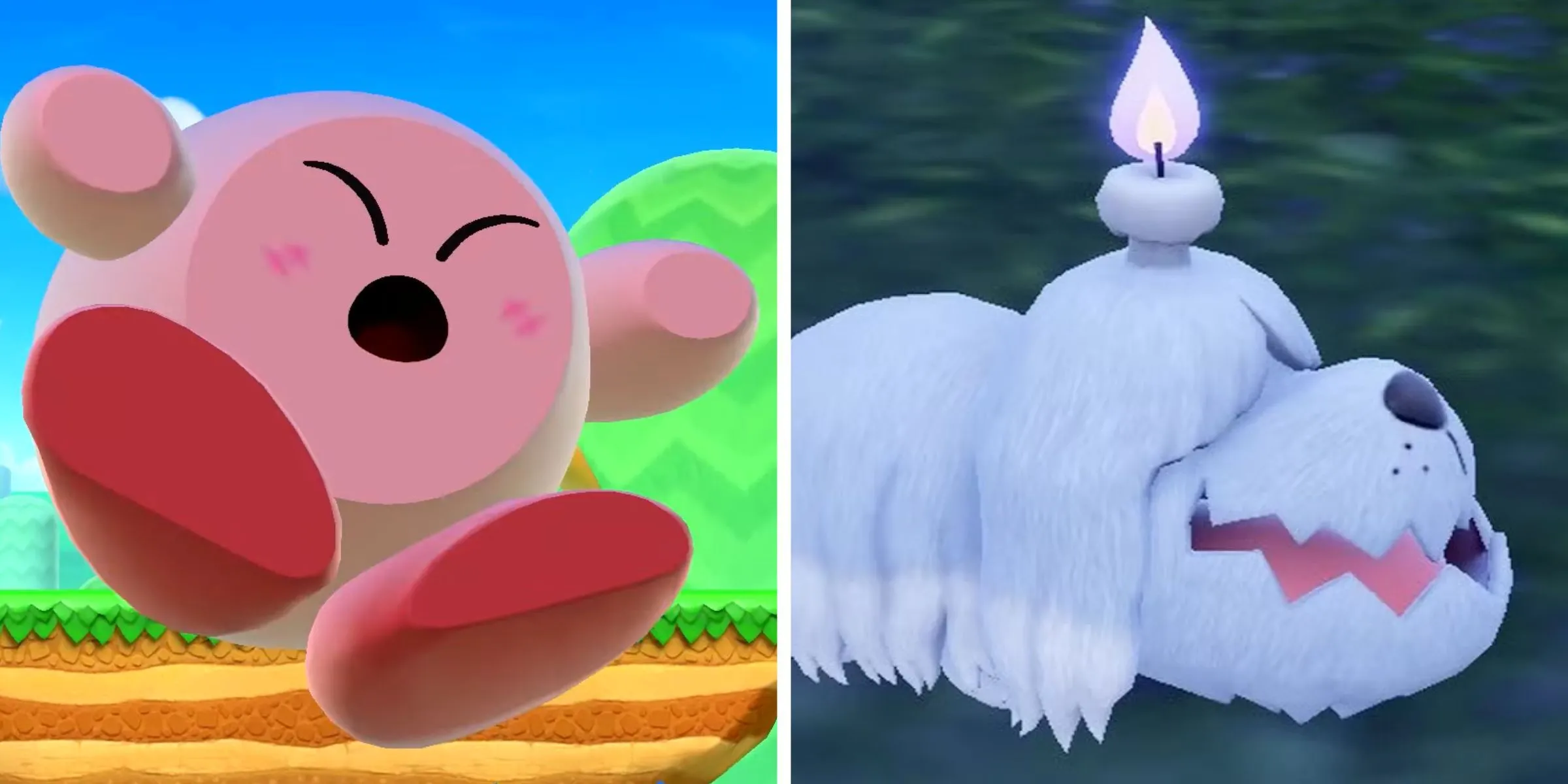Kirby bị KO trên màn hình trong Super Smash Bros. Ultimate và hình ảnh Greavard trong Pokemon Violet, minh họa thử thách Nuzlocke.