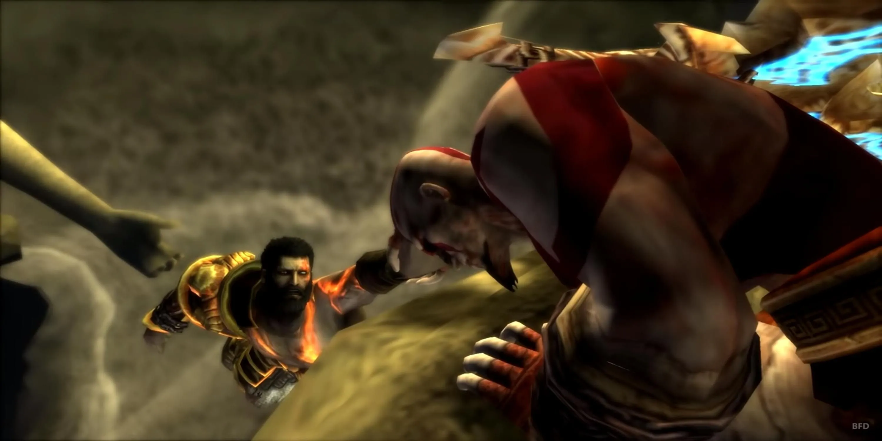 Kratos ôm lấy em trai Deimos trong cảnh hồi tưởng của God of War: Ghost of Sparta, minh họa đồ họa ấn tượng và cốt truyện sâu sắc của game trên PSP.