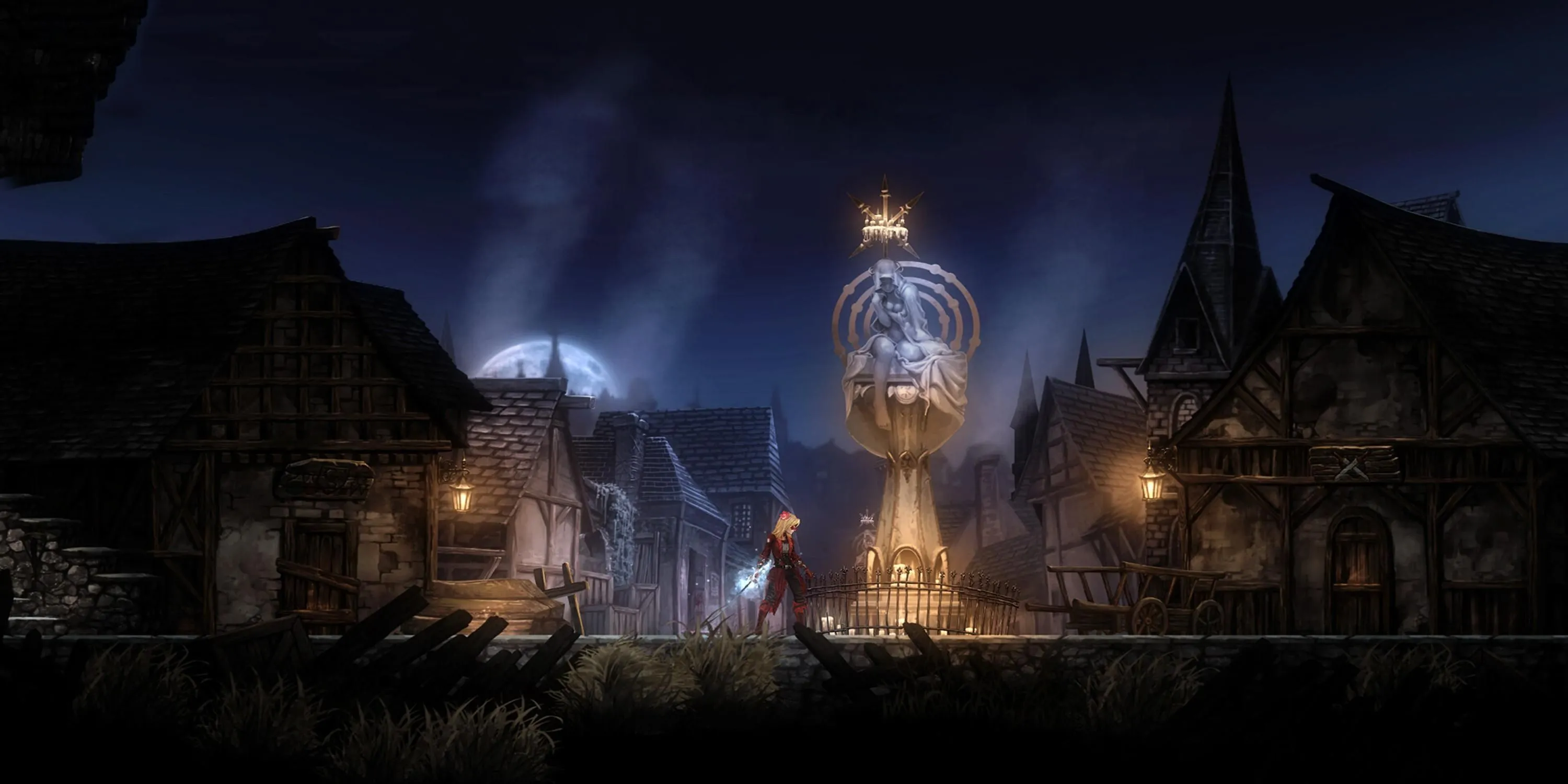 Leila đứng cạnh đài phun nước trong Vigil The Longest Night, không khí gothic u ám