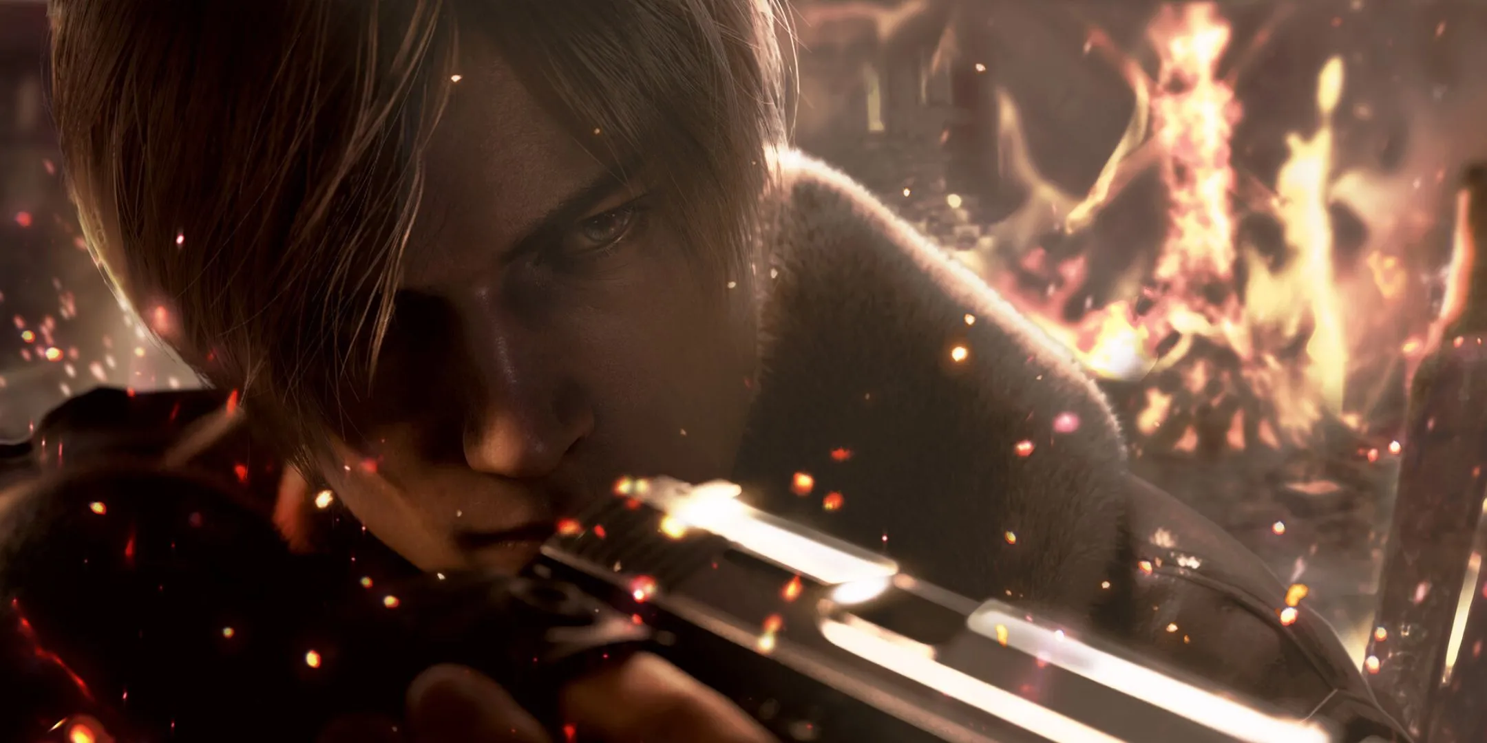 Leon S. Kennedy trong Resident Evil 4 Remake đang nhắm súng