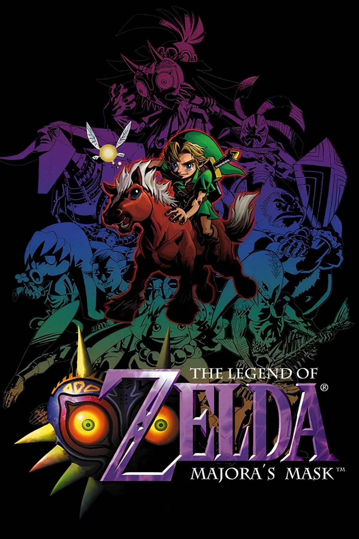 Link đeo mặt nạ biến hình trong The Legend of Zelda: Majora's Mask, với nền là Mặt Trăng đe dọa.