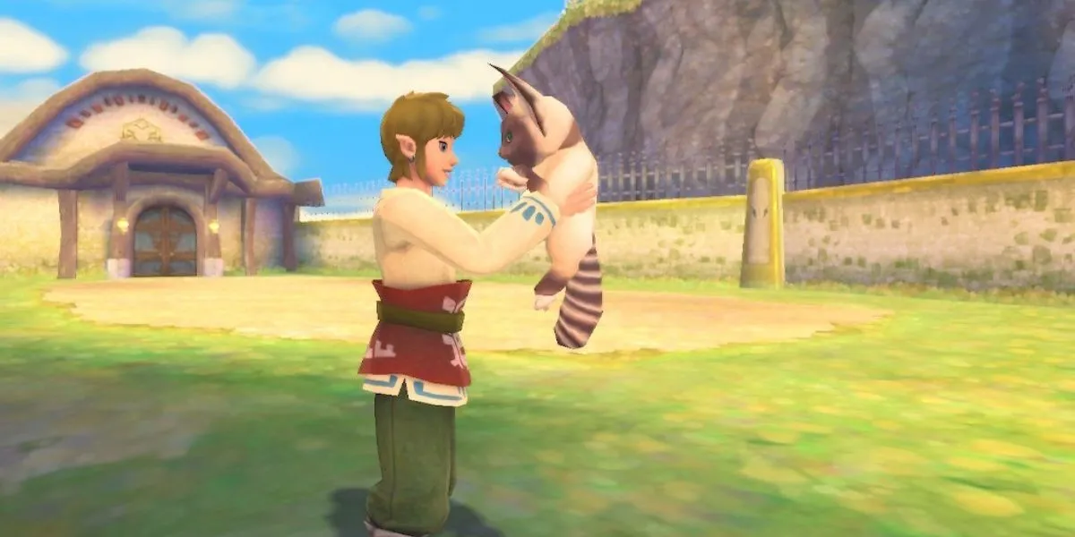 Link ném Remlit khỏi rìa Skyloft trong The Legend of Zelda Skyward Sword