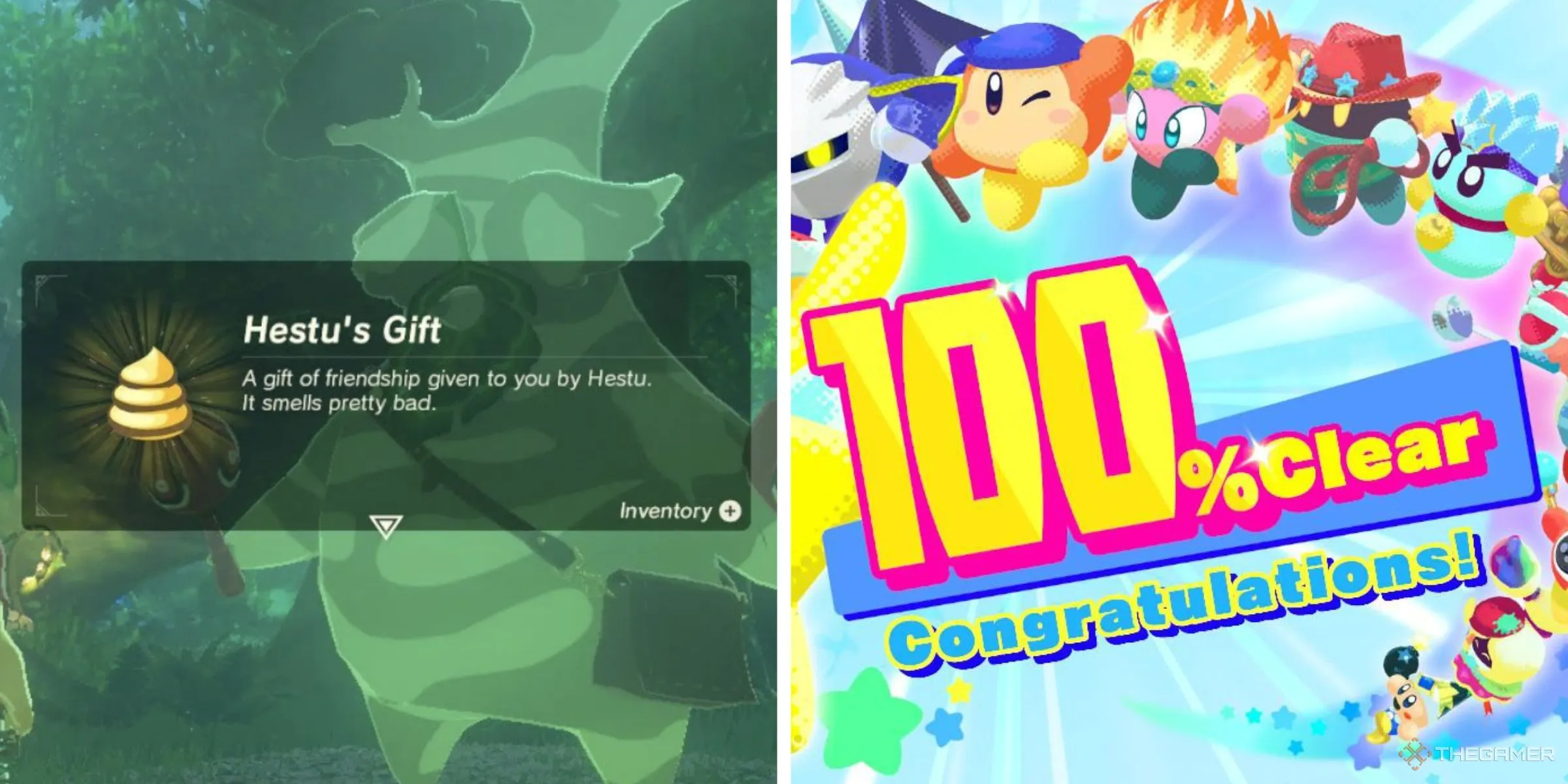 Link nhận Quà của Hestu trong The Legend of Zelda: Breath of the Wild và màn hình hoàn thành 100% trong Kirby Star Allies.