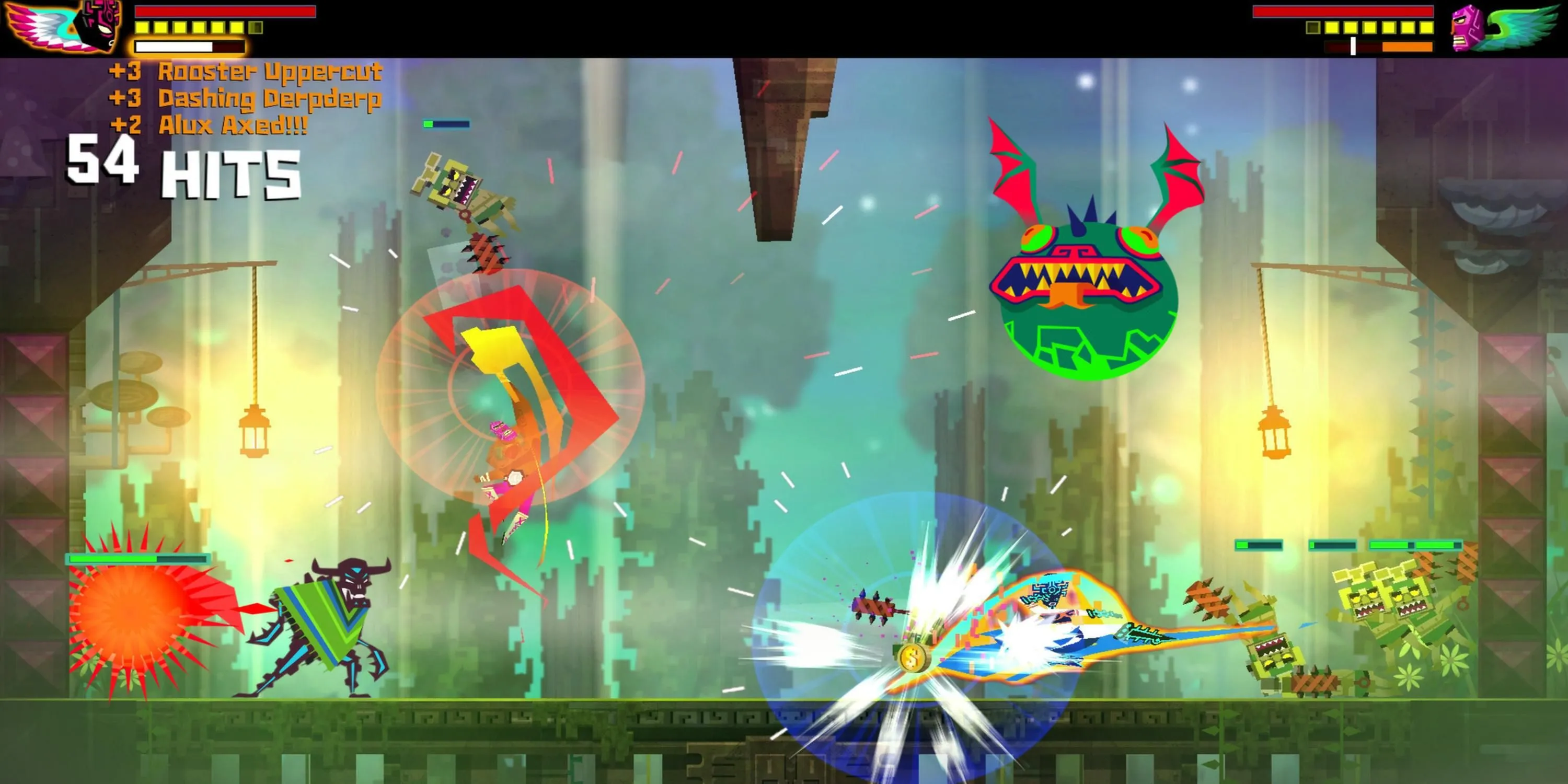 Luchador Juan của Guacamelee tung đòn vào kẻ thù bộ xương, thể hiện lối chơi chiến đấu nhanh và phong cách đồ họa lấy cảm hứng từ văn hóa Mexico.