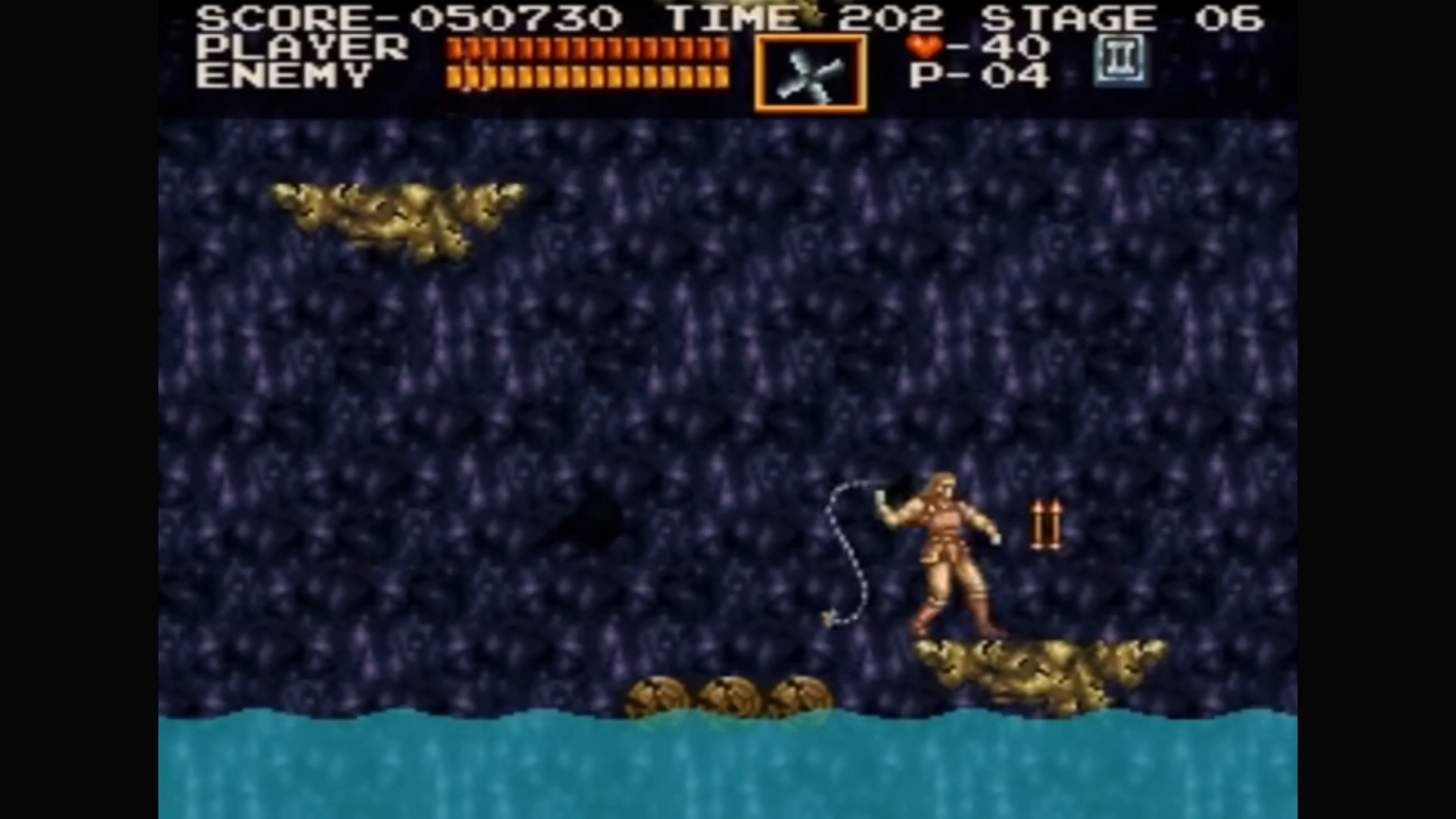 Màn hình chơi Castlevania Chronicles, thể hiện đồ họa pixel art của game và các hiệu ứng tấn công