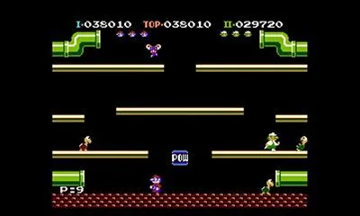 Màn hình chơi game của Mario Bros., hiển thị hai anh em Mario và Luigi trên sân khấu với kẻ địch