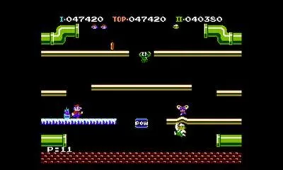 Màn hình chơi game của Mario Bros. với đồ họa pixel cổ điển, hai nhân vật nhảy lên tấn công kẻ thù