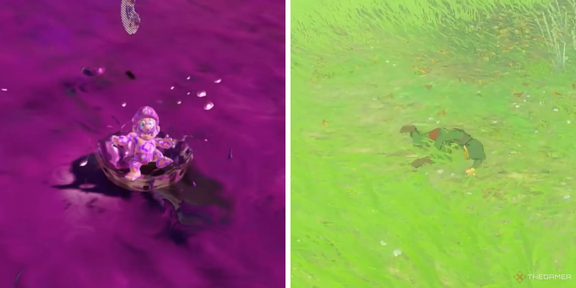 Mario bị độc trong Super Mario Odyssey và Link ngã sắp Game Over trong The Legend of Zelda: Tears of the Kingdom, thể hiện thử thách chơi không chết.