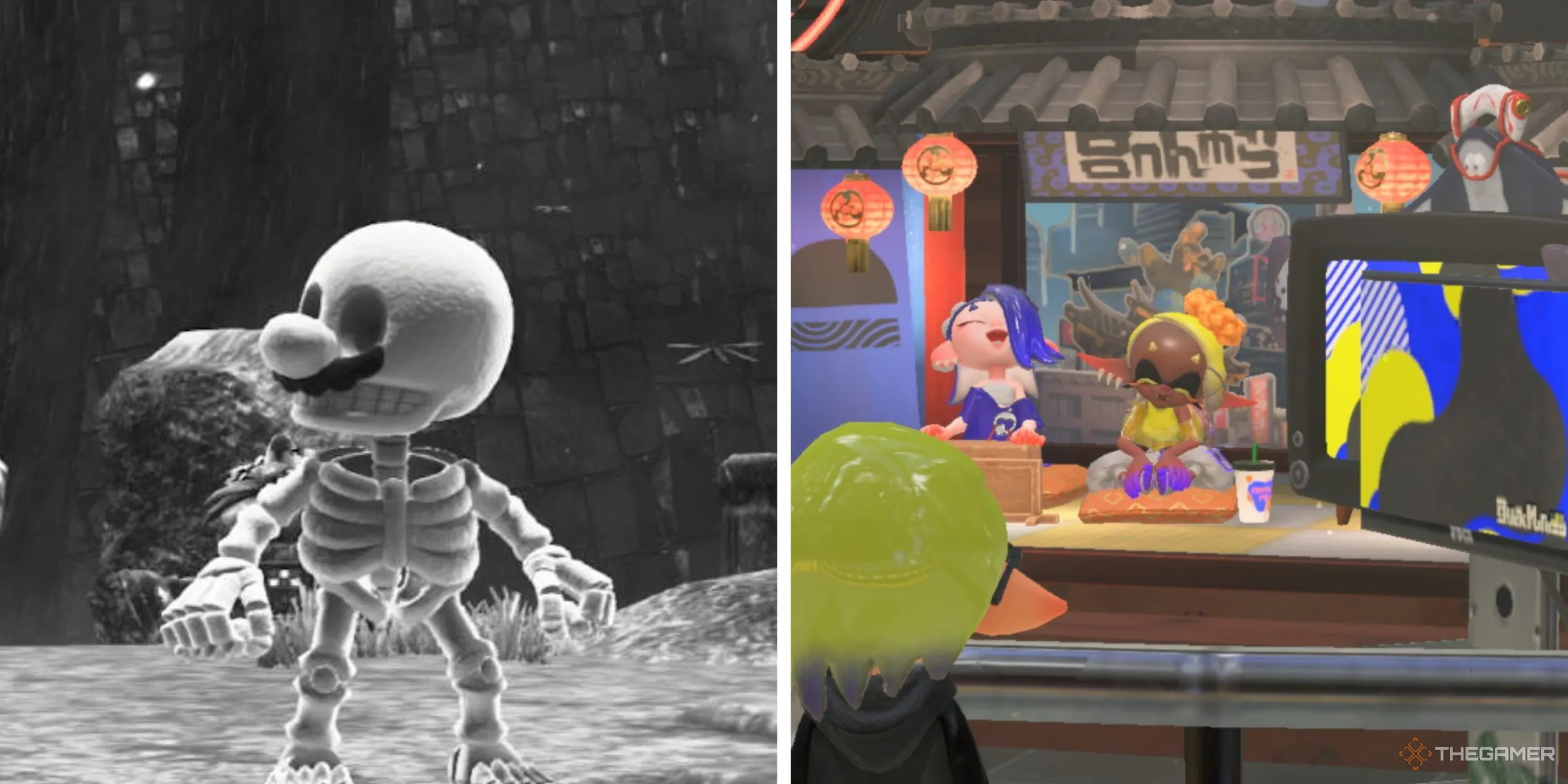 Mario trong trang phục xương chụp ảnh đơn sắc trong Super Mario Odyssey và nhân vật người chơi nhìn vào studio Deep Cut của Splatoon 3.