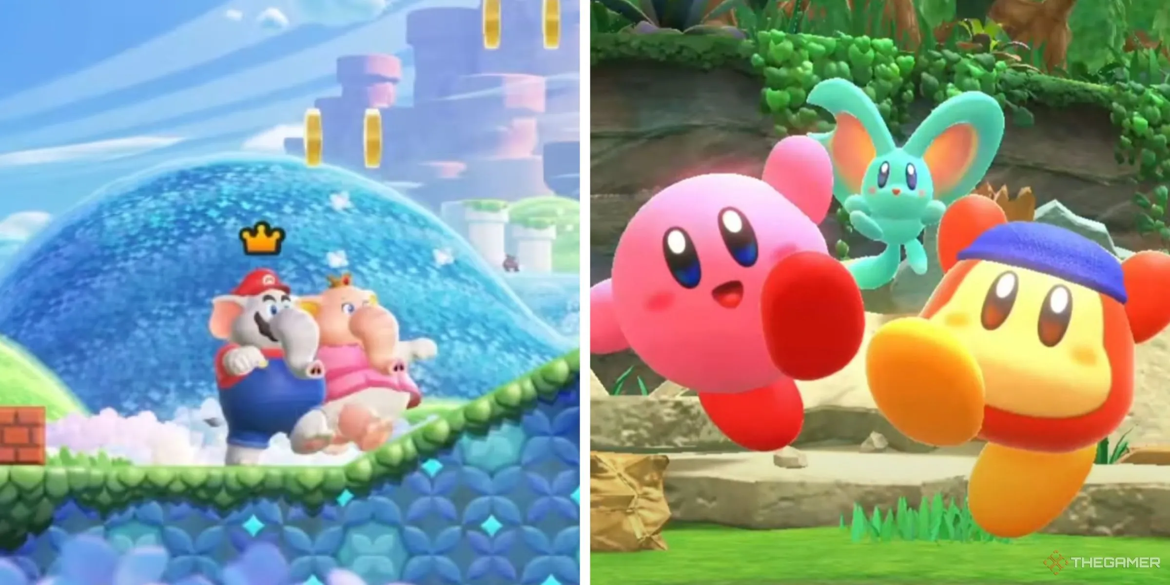 Mario và Peach voi chạy trong Super Mario Bros. Wonder, cùng Kirby, Bandana Waddle Dee và Elfilin ăn mừng chiến thắng trong Kirby and the Forgotten Land.