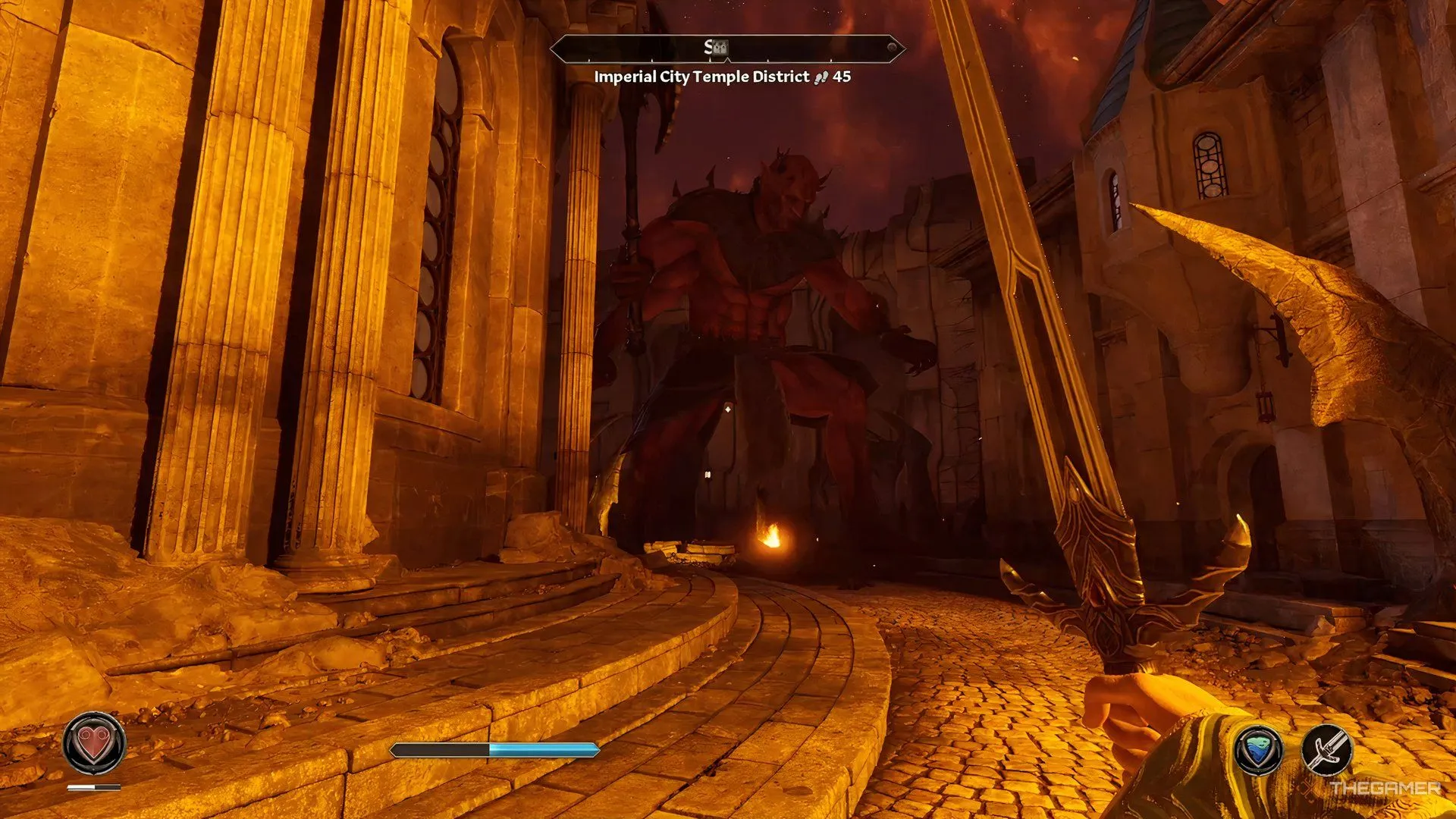 Mehrunes Dagon tàn phá Thành phố Hoàng gia trong Oblivion Remastered, thể hiện bản chất hỗn loạn của mình.