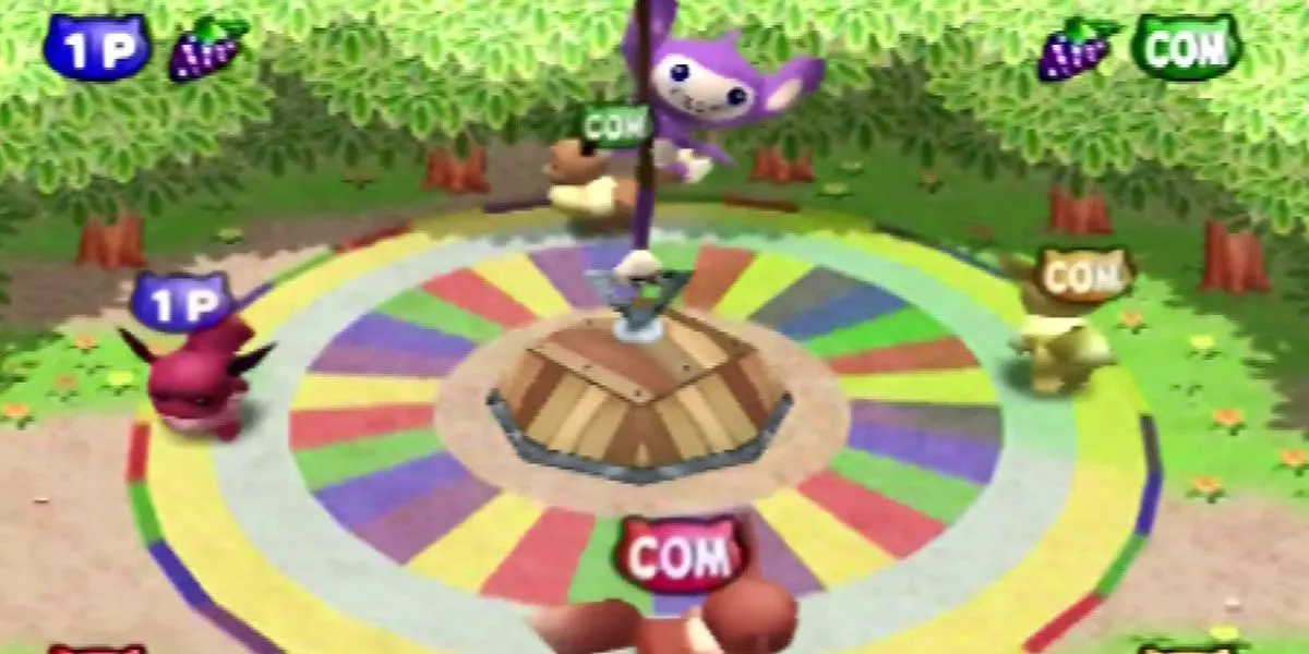 Minigame Eager Eevee trong Pokemon Stadium 2, nơi game thủ có thể thấy hình ảnh game Donkey Kong trên màn hình TV