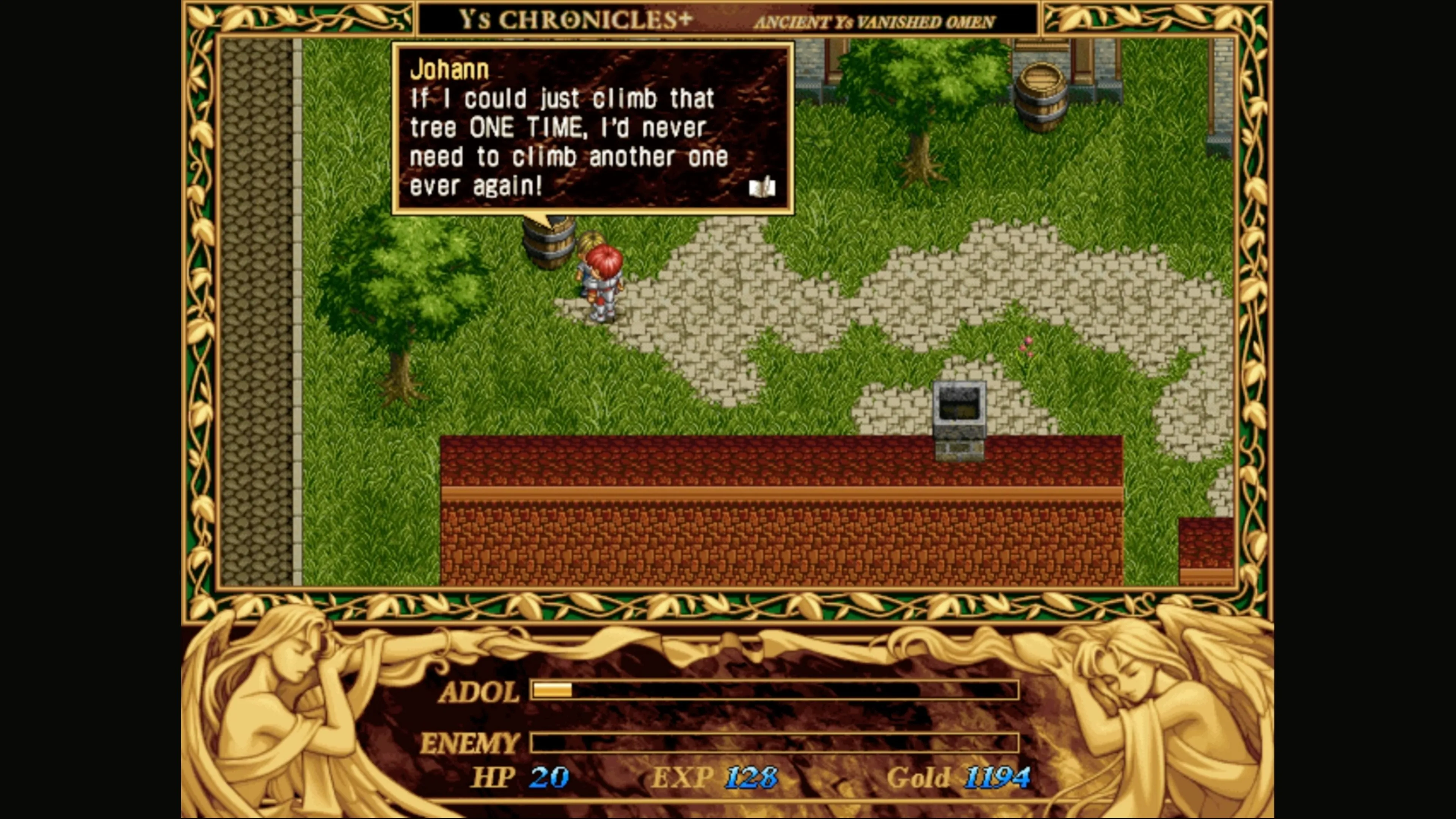 Một cảnh chơi game Ys I với đồ họa pixel art chi tiết, hiển thị Adol và môi trường