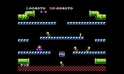 Một cảnh game Mario Bros. cổ điển, với Mario đang đứng trên một tầng platform