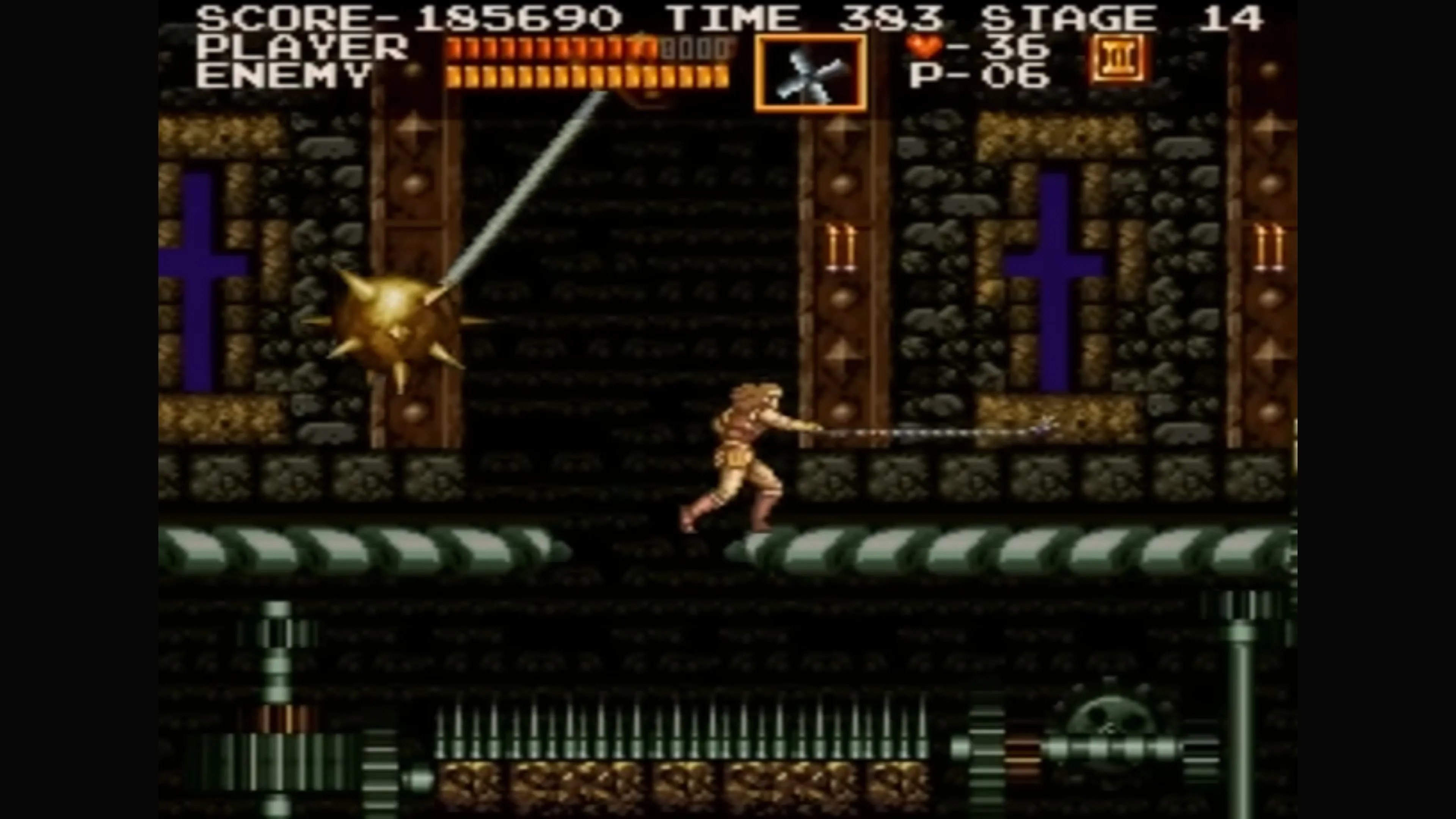 Một màn hình chơi Castlevania Chronicles với cảnh quan lâu đài u ám và các loại quái vật đặc trưng