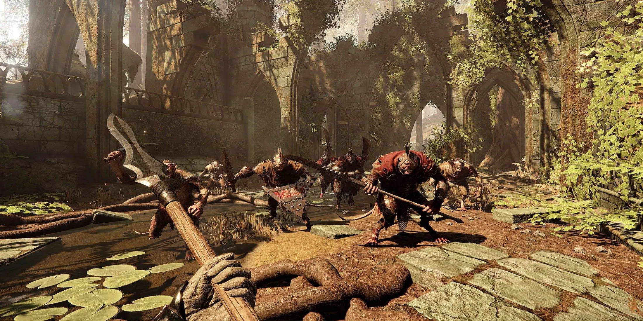 Một nhóm anh hùng đối mặt với đàn Skaven khổng lồ trong Warhammer Vermintide 2