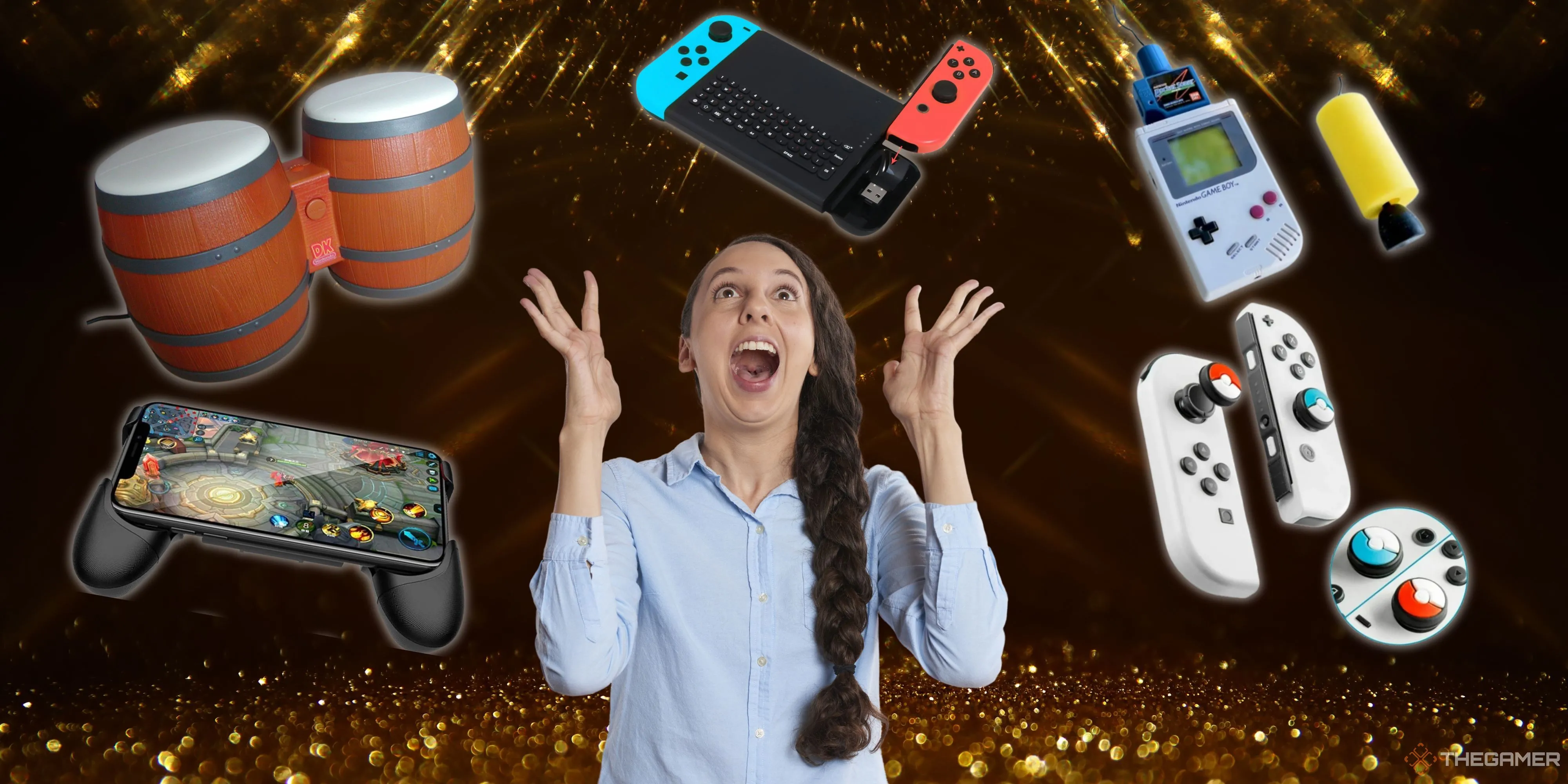 Một nữ game thủ với vẻ mặt phấn khích, xung quanh là nhiều bộ điều khiển và phụ kiện chơi game.