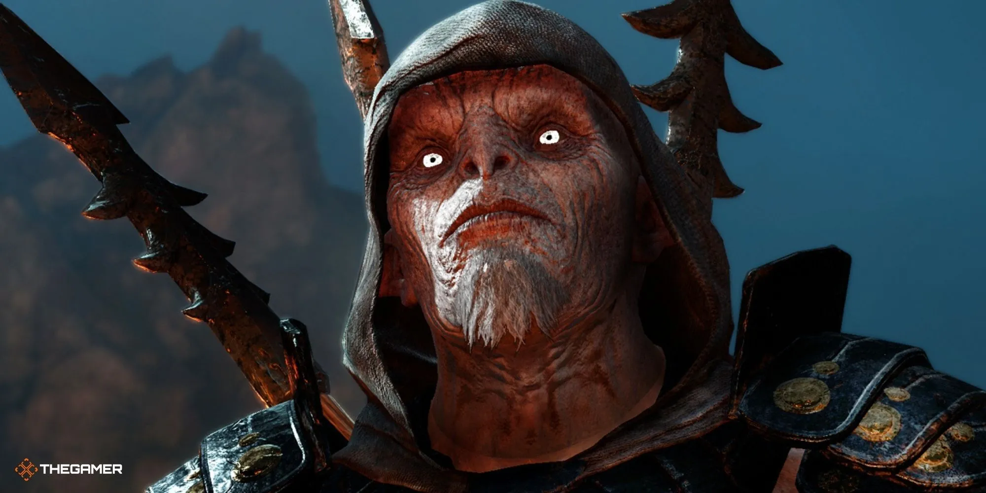 Một Orc với khuôn mặt dữ tợn và các vết sẹo trên chiến trường trong Middle-Earth Shadow of War.