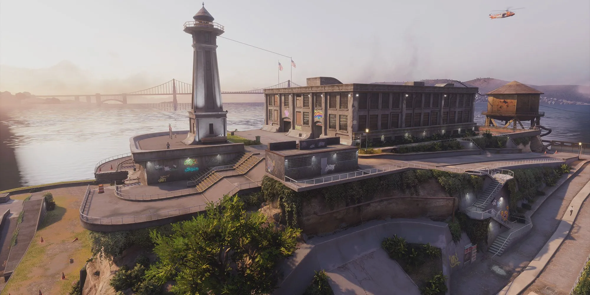 Một skater đang biểu diễn trên đảo Alcatraz, bối cảnh màn chơi tiếp theo trong Tony Hawk's Pro Skater 3 + 4.