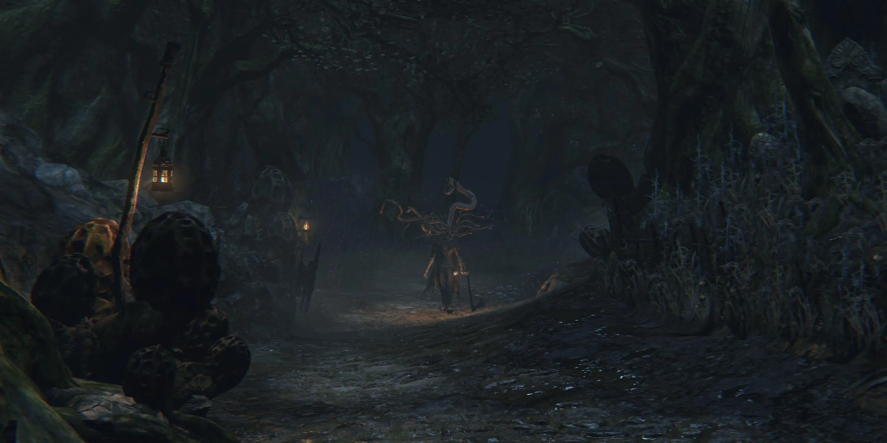 Một thợ săn nhìn về phía kẻ thù trong Rừng Cấm (Forbidden Woods) của Bloodborne