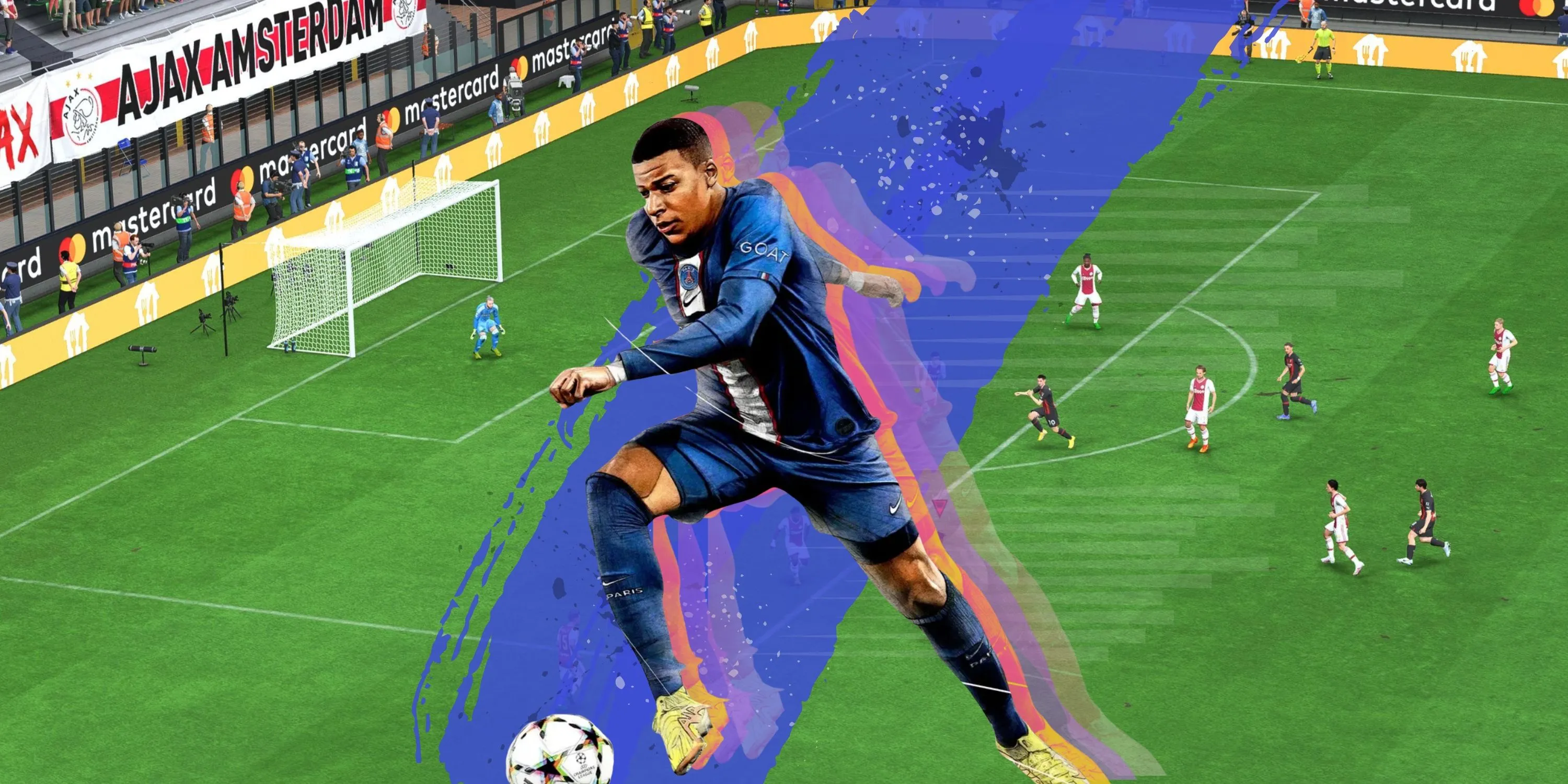 Một trận đấu bóng đá ảo đang diễn ra với cầu thủ của FIFA23 trên sân.