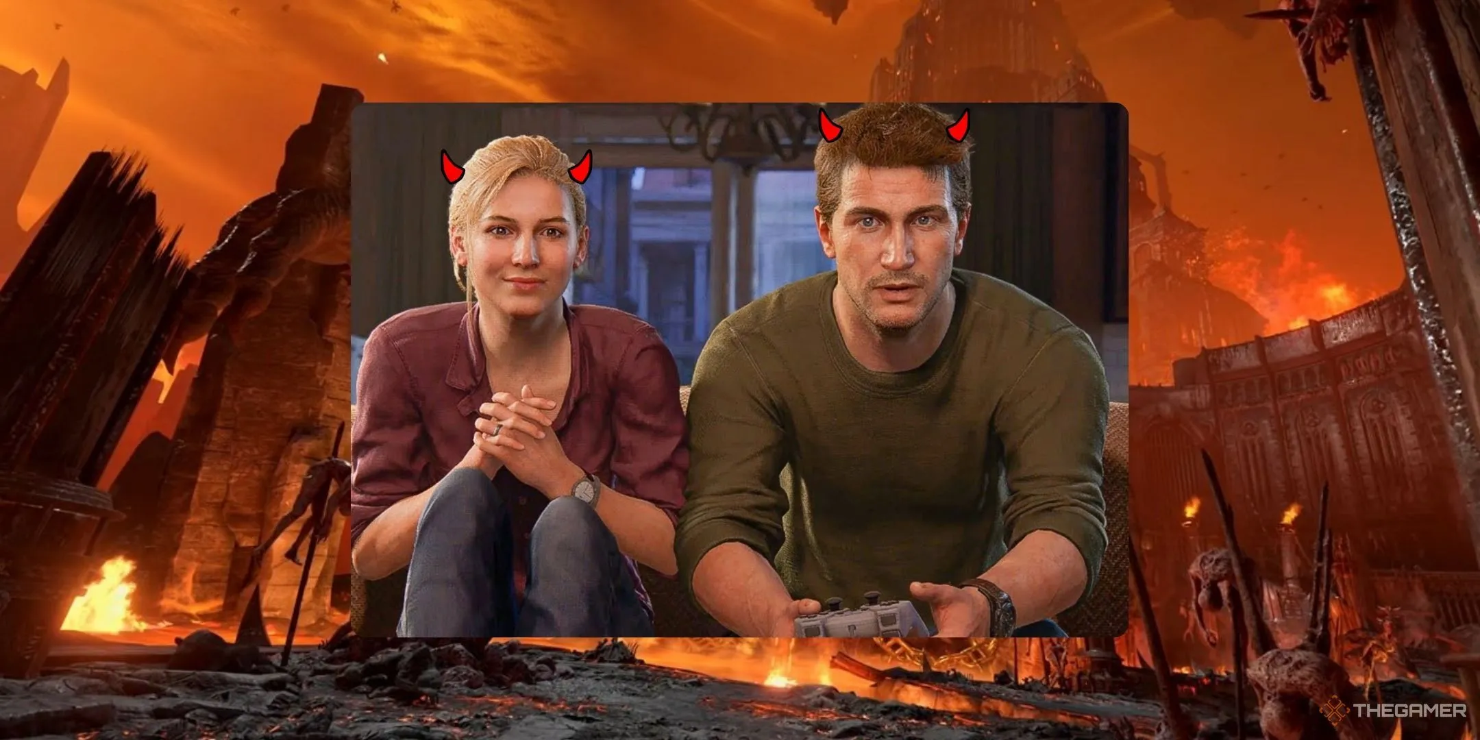 Nathan Drake và Elena đang vui vẻ chơi game với hình ảnh địa ngục từ Doom Eternal làm nền