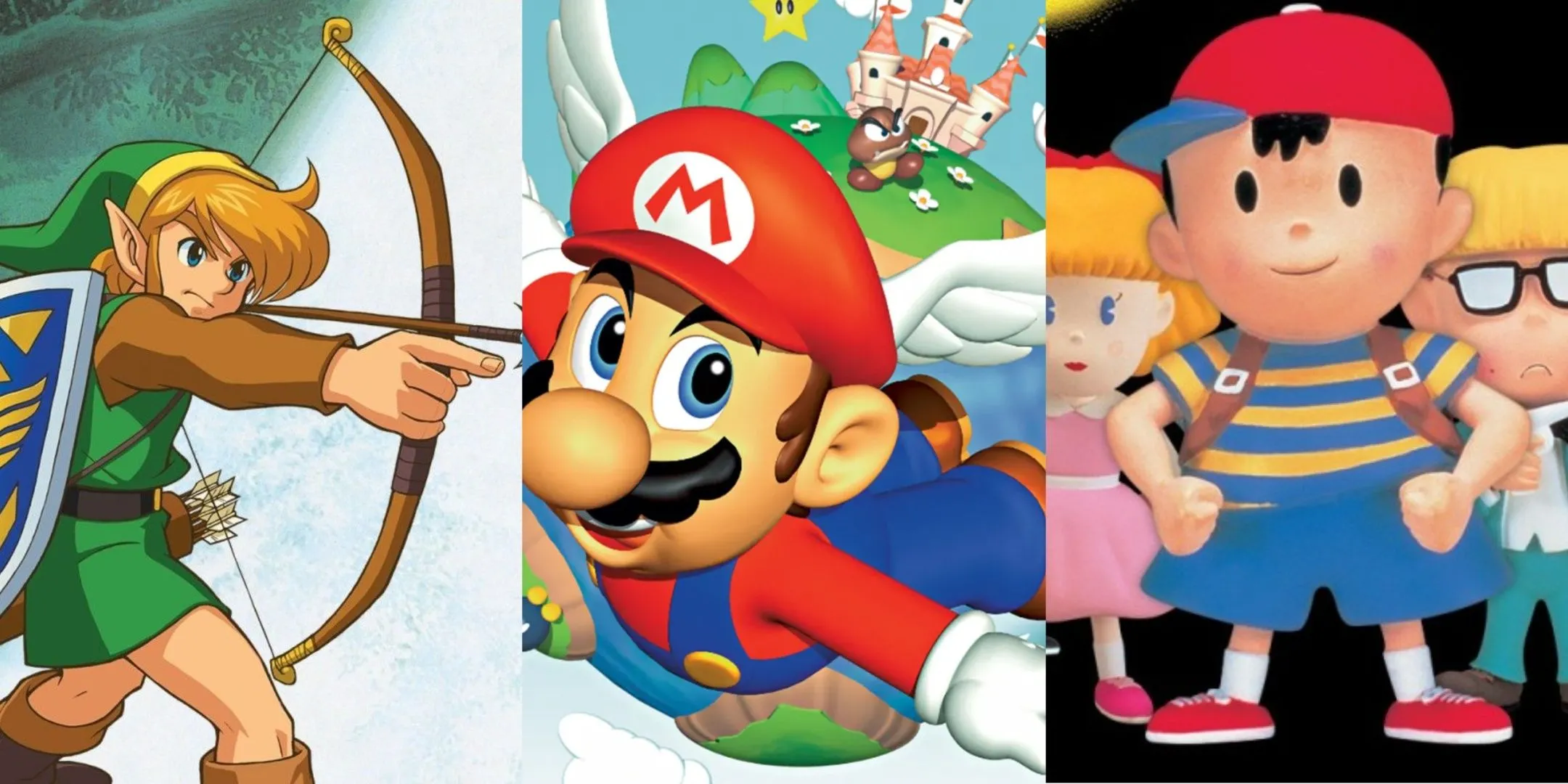 Nghệ thuật quảng bá cho The Legend of Zelda: A Link to the Past, Super Mario 64 và EarthBound
