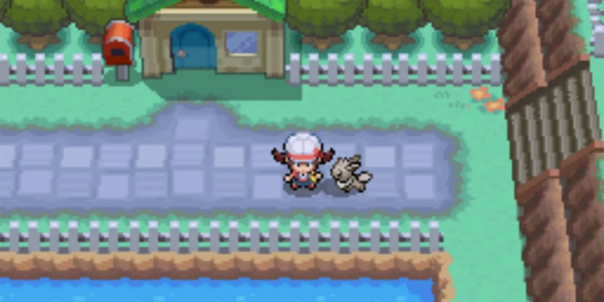 Người chơi đứng cùng Eevee trong Pokémon HeartGold, minh họa mối liên kết giữa game thủ và Pokémon đồng hành