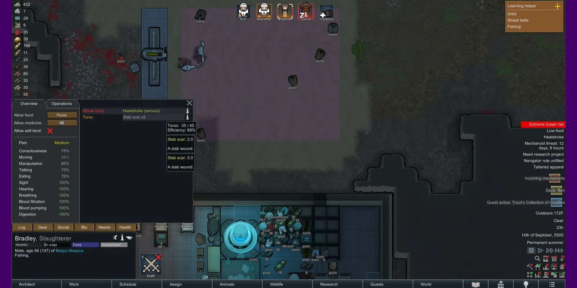 Người chơi kiểm tra tác động của vết sẹo do đâm trên cơ thể cư dân trong RimWorld