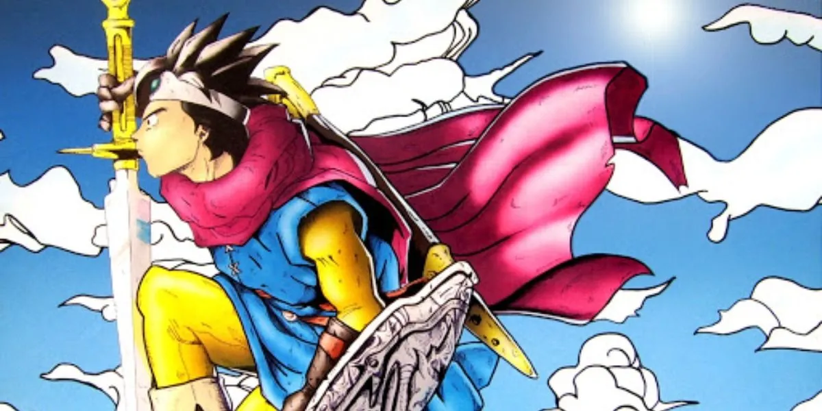 Người hùng trong Dragon Quest III (hay Dragon Warrior III) nhìn lên bầu trời, tay cầm thanh kiếm, tượng trưng cho hành trình RPG cổ điển