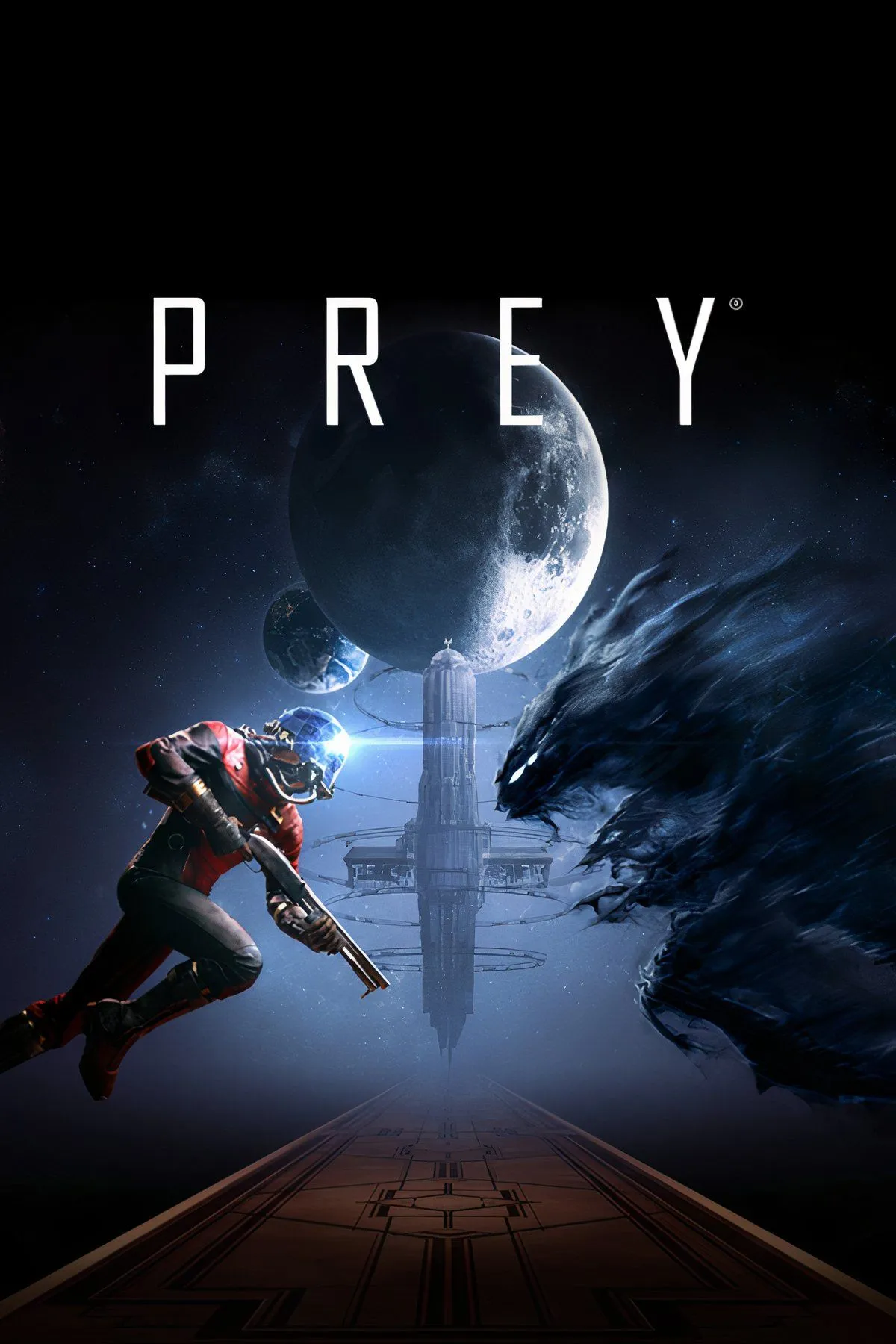 Nhân vật chính Morgan Yu khám phá hành lang tối tăm trên trạm không gian Talos I trong game Prey (2017)