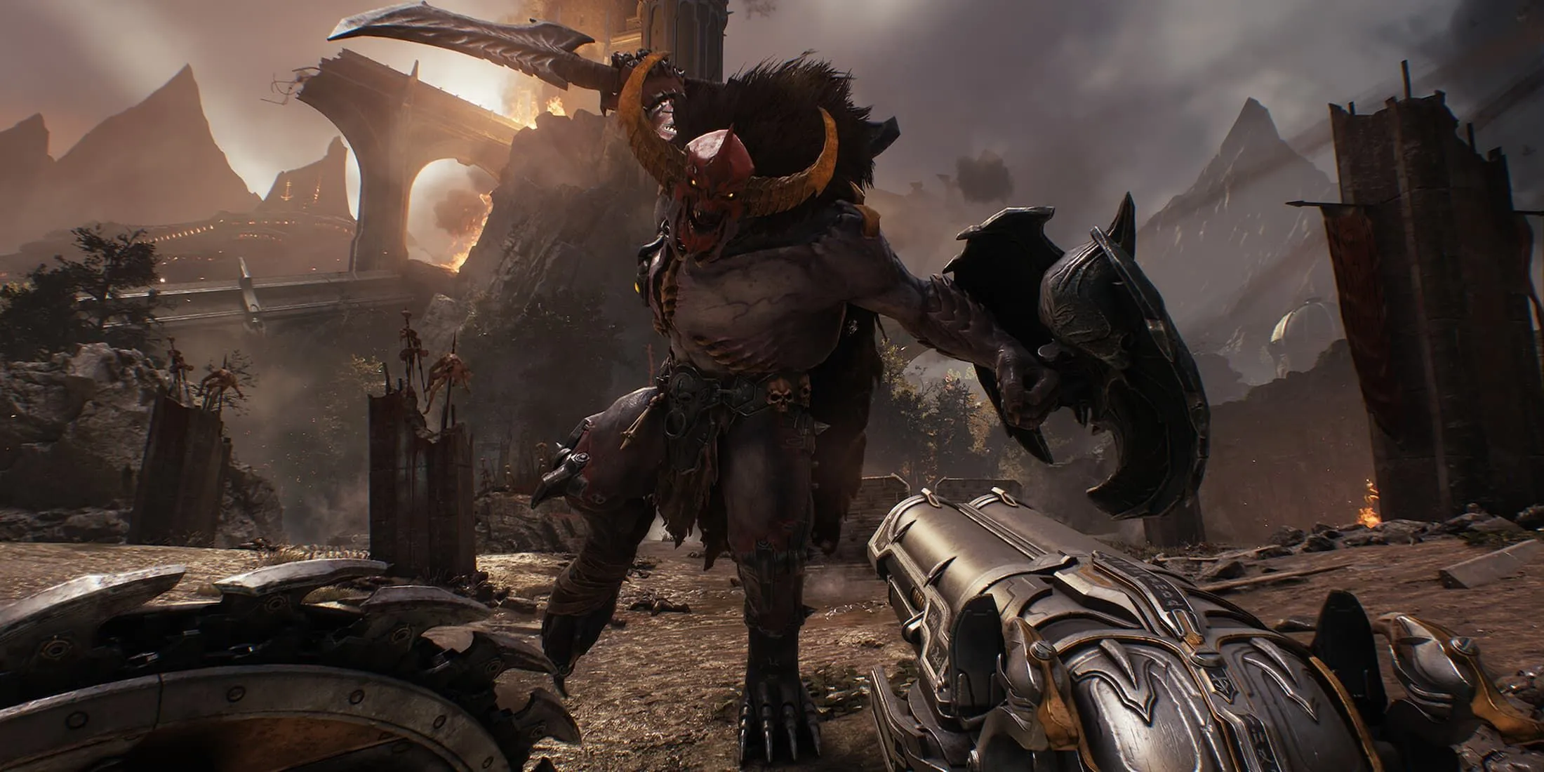 Nhân vật Doom Slayer sử dụng khiên và Super Shotgun trong Doom: The Dark Ages