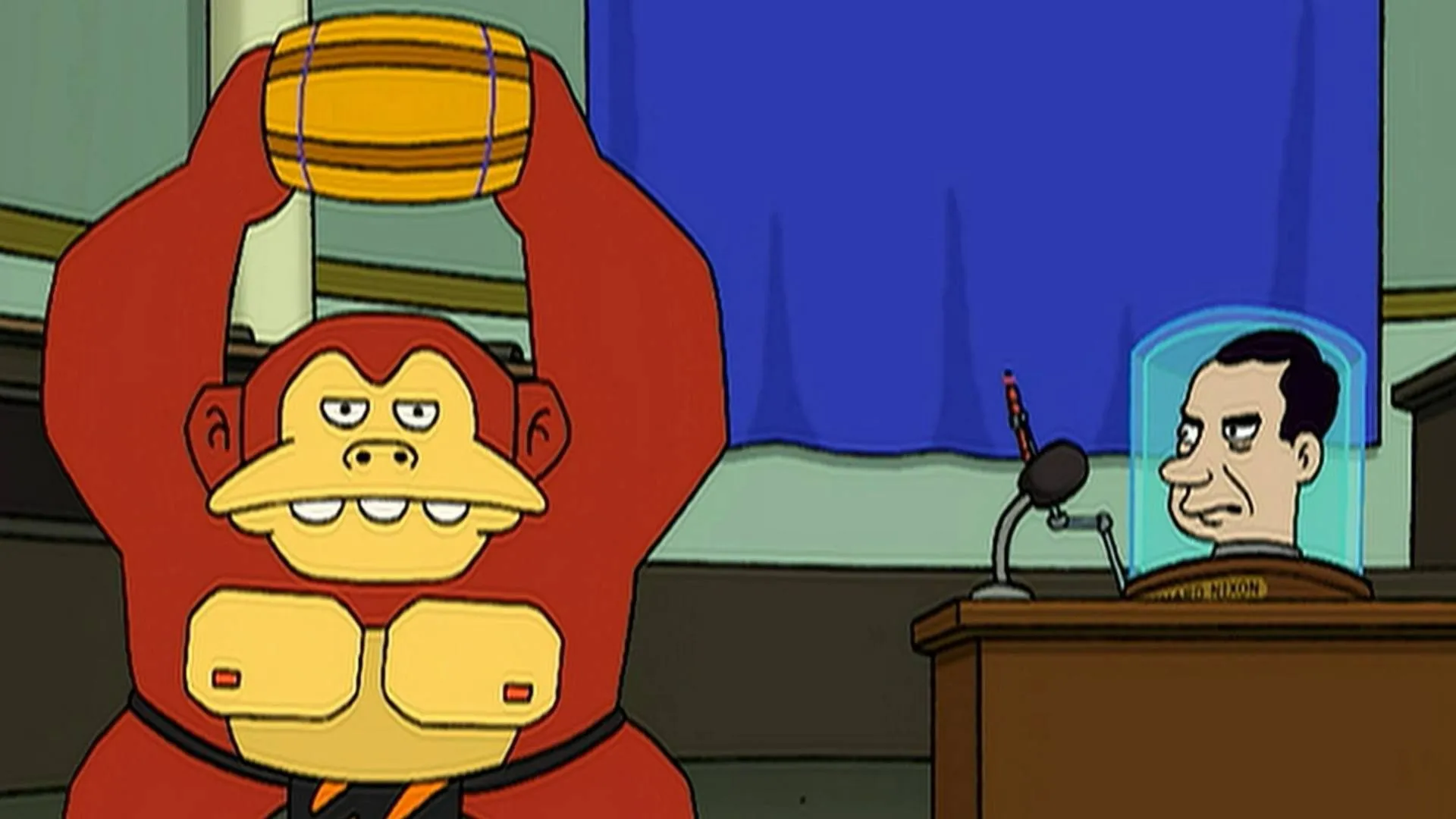Nhân vật giống Donkey Kong ném thùng vào đầu Tổng thống Richard Nixon trong phim hoạt hình Futurama