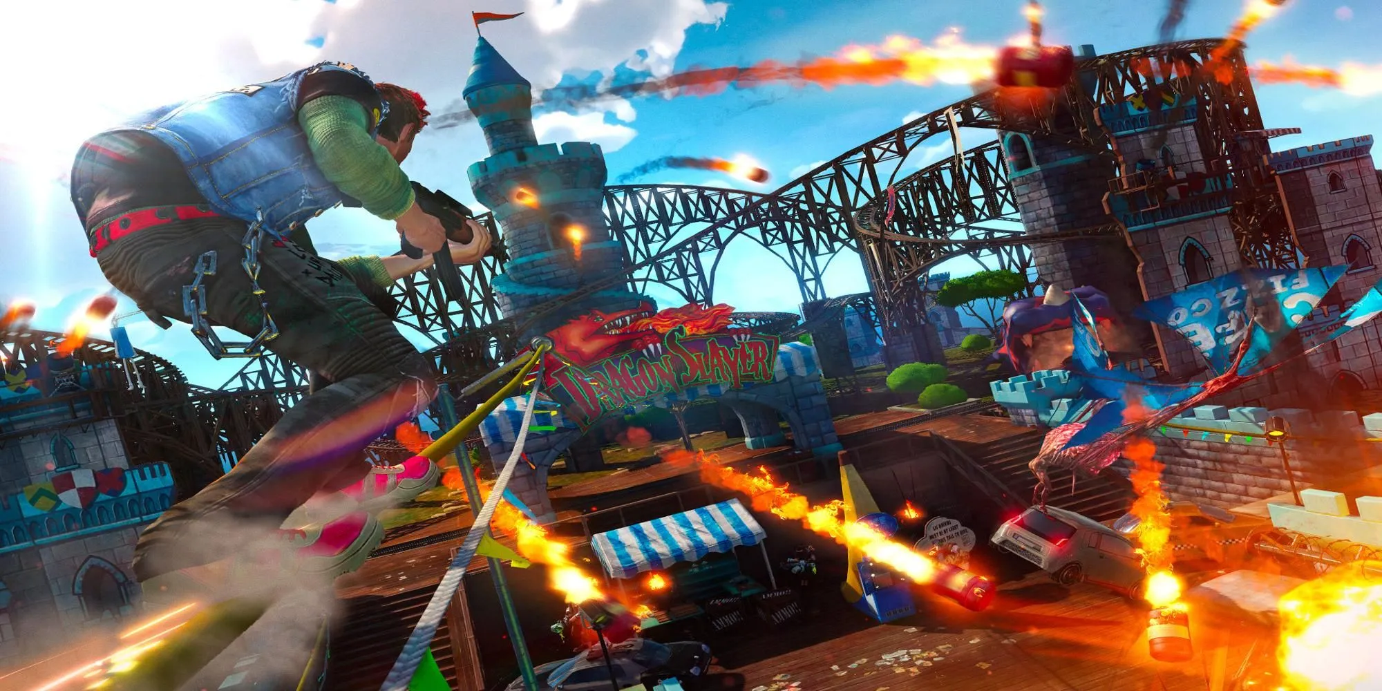 Nhân vật trượt ván trên đường ray và bắn súng vào kẻ thù trong Sunset Overdrive