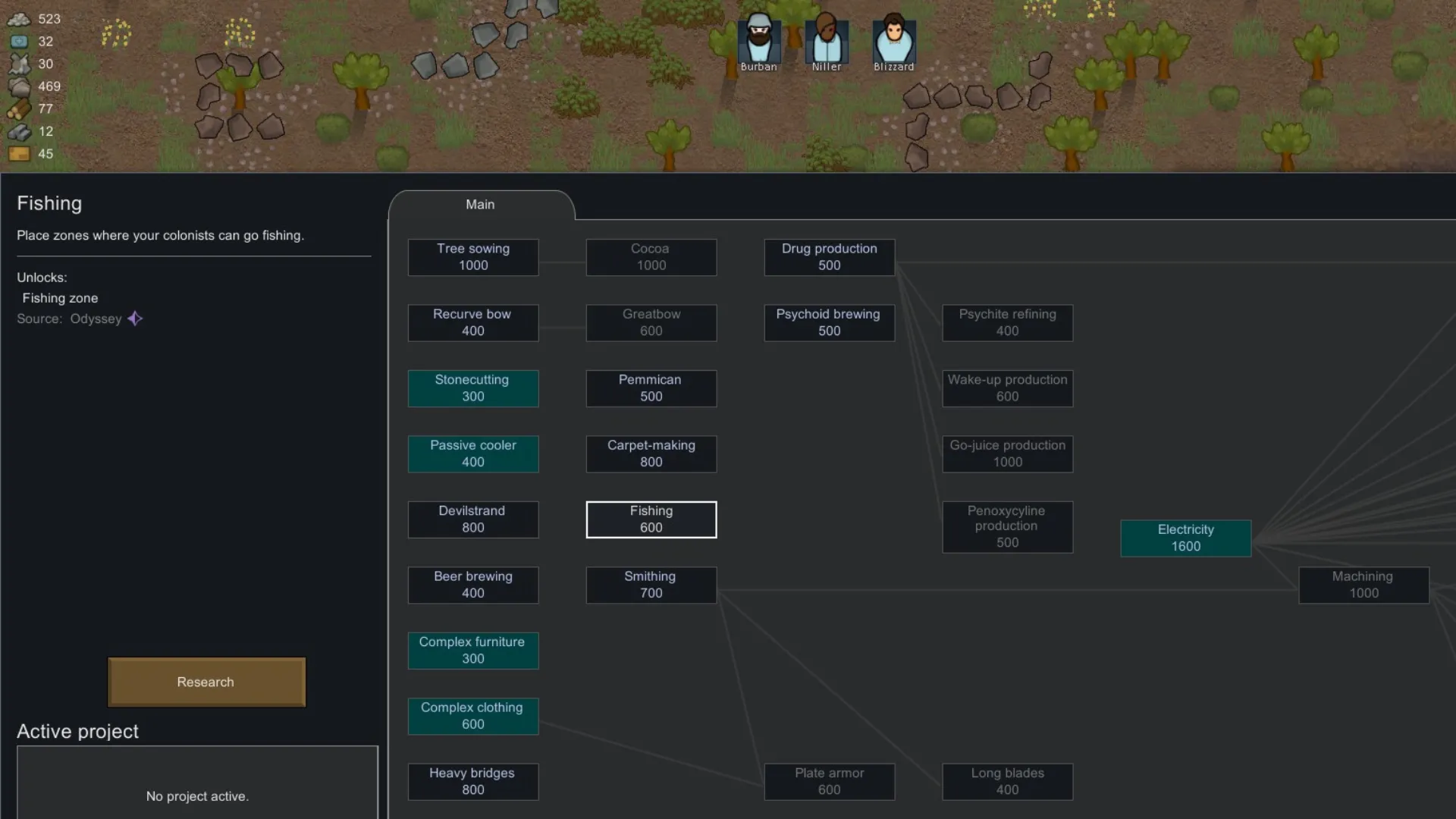 Nút nghiên cứu Fishing Node trong RimWorld Odyssey để mở khóa tính năng câu cá
