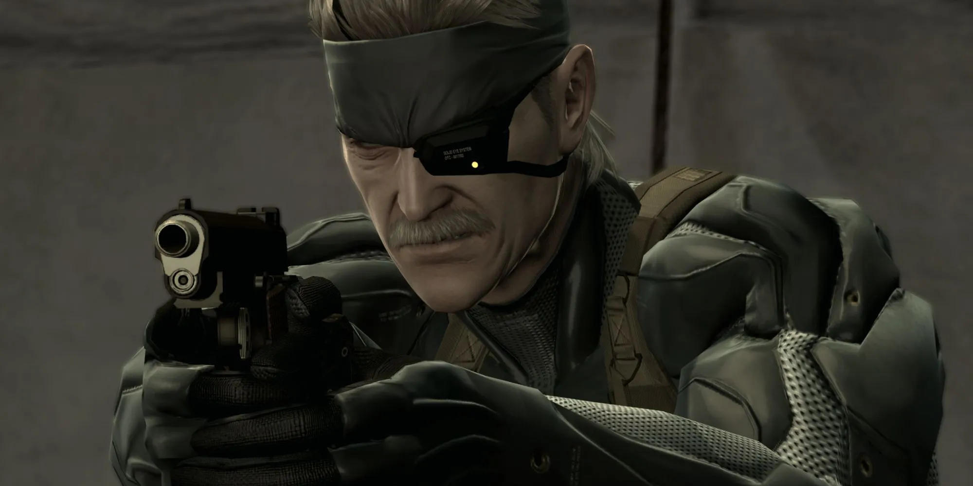 Old Snake đang nhắm súng trong một đoạn cutscene của Metal Gear Solid 4: Guns of the Patriots, minh họa tầm quan trọng của các đoạn phim cắt cảnh