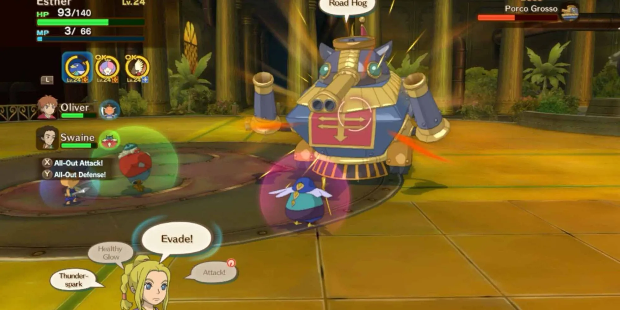 Oliver và familiar chiến đấu với robot trong Ni no Kuni: Wrath of the White Witch, thể hiện phong cách nghệ thuật Studio Ghibli