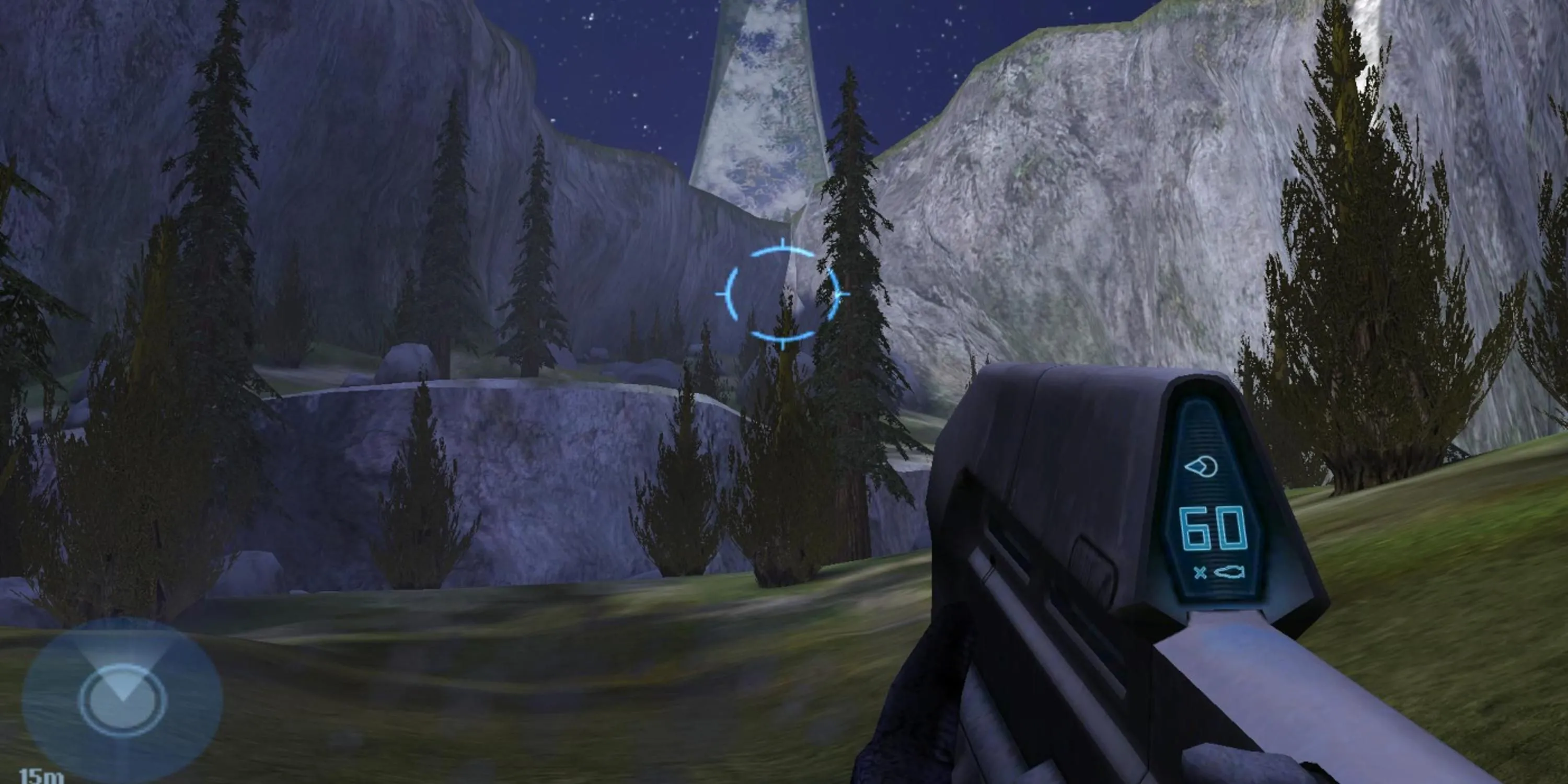 Phong cảnh nhìn về phía những ngọn núi xa xăm trong Halo Combat Evolved, gợi cảm giác rộng lớn và bí ẩn