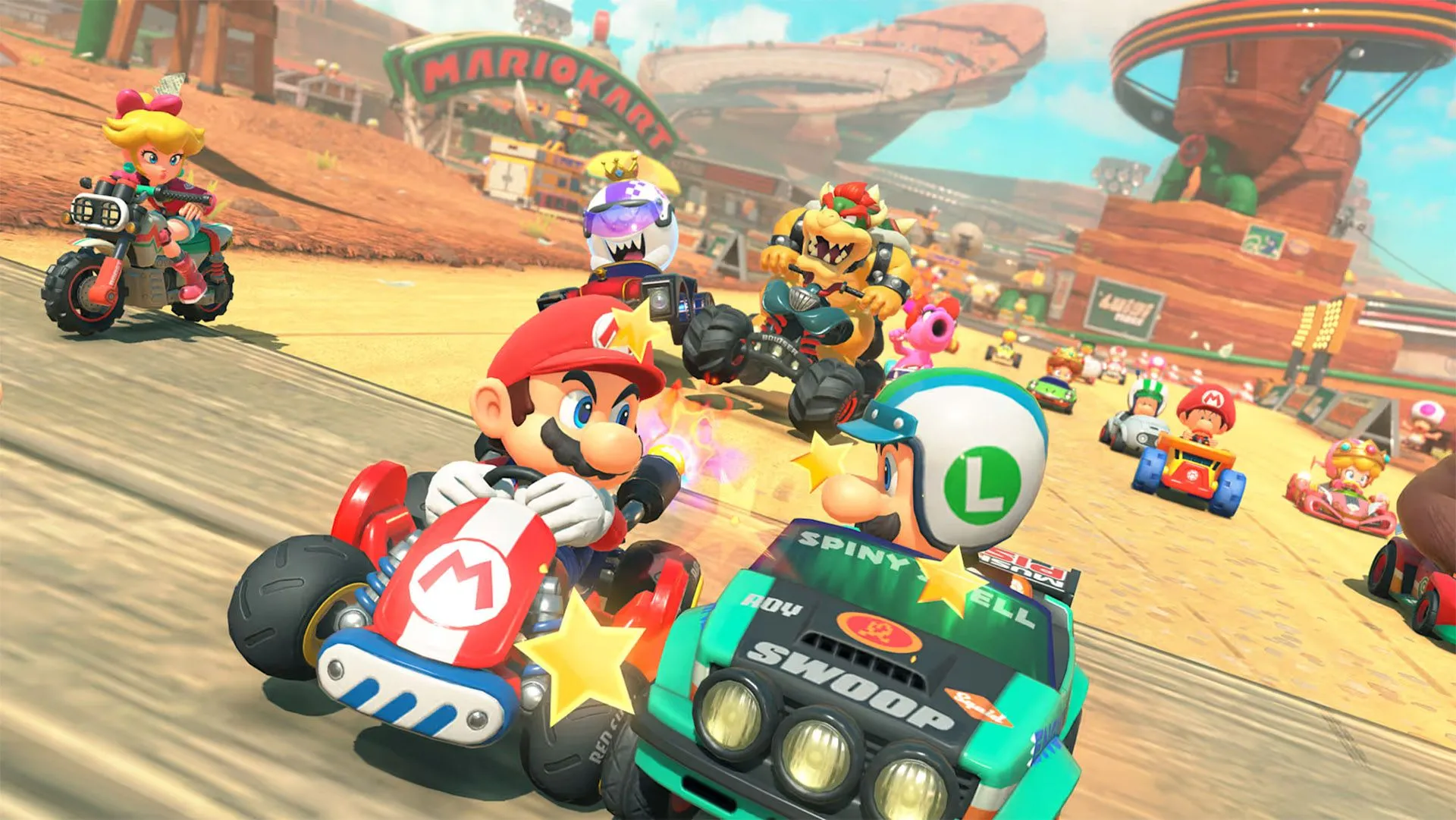 Phòng chờ thế giới mở trong Mario Kart World với các xe đua