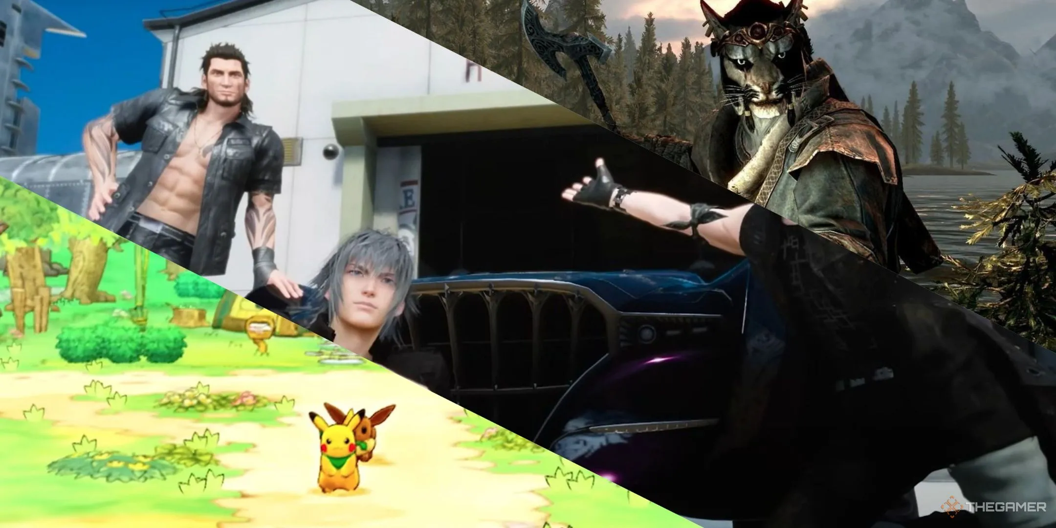 Pikachu và Eevee cùng nhau trong Pokémon Mystery Dungeon, Noctis và Gladio tạo dáng với Regalia trong Final Fantasy 15, và một Khajiit cầm rìu trong Skyrim.