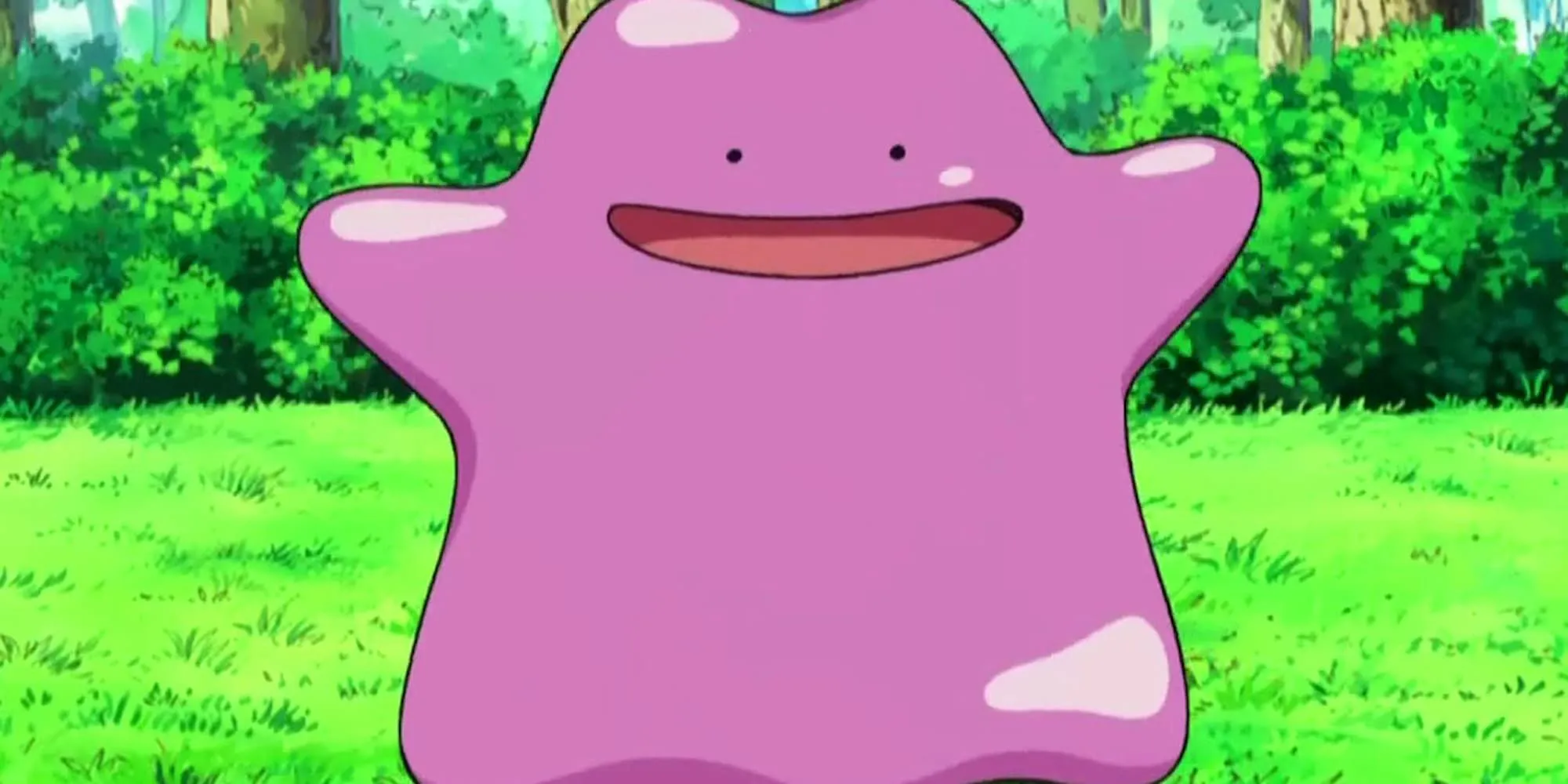 Pokemon Ditto với nụ cười ngây ngô đứng trên bãi cỏ xanh