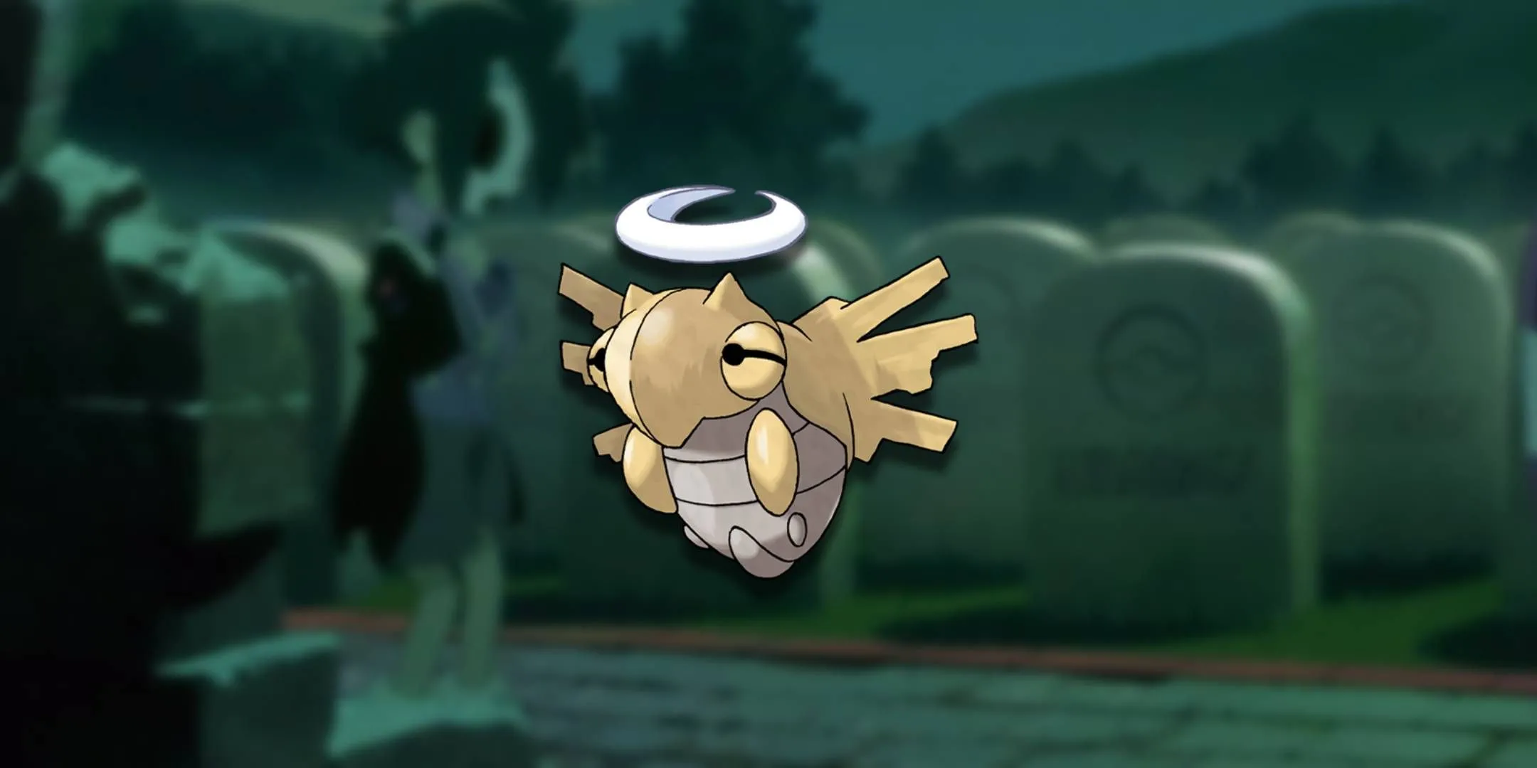 Pokemon Shedinja đứng lẻ loi trong một nghĩa địa cổ kính