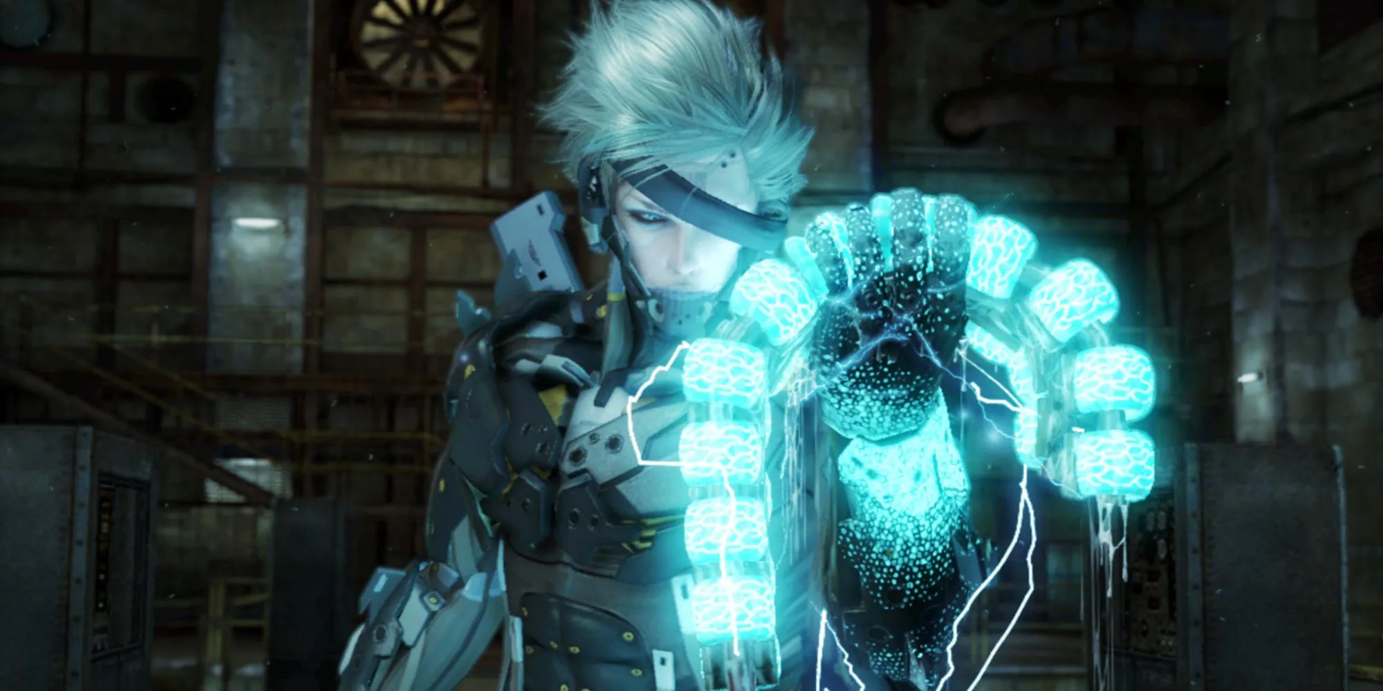Raiden trong Metal Gear Rising: Revengeance giữ cột sống của kẻ thù đã bị chém đôi