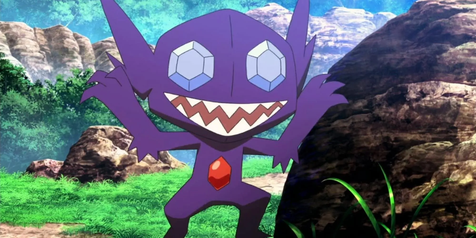 Sableye nhảy ra bất ngờ từ sau tảng đá trong phim hoạt hình Pokemon