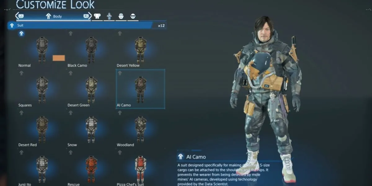 Sam mặc Bộ Suit Ngụy Trang AI trong Death Stranding 2: On the Beach, giúp tránh kích hoạt mìn và di chuyển an toàn qua bãi mìn.